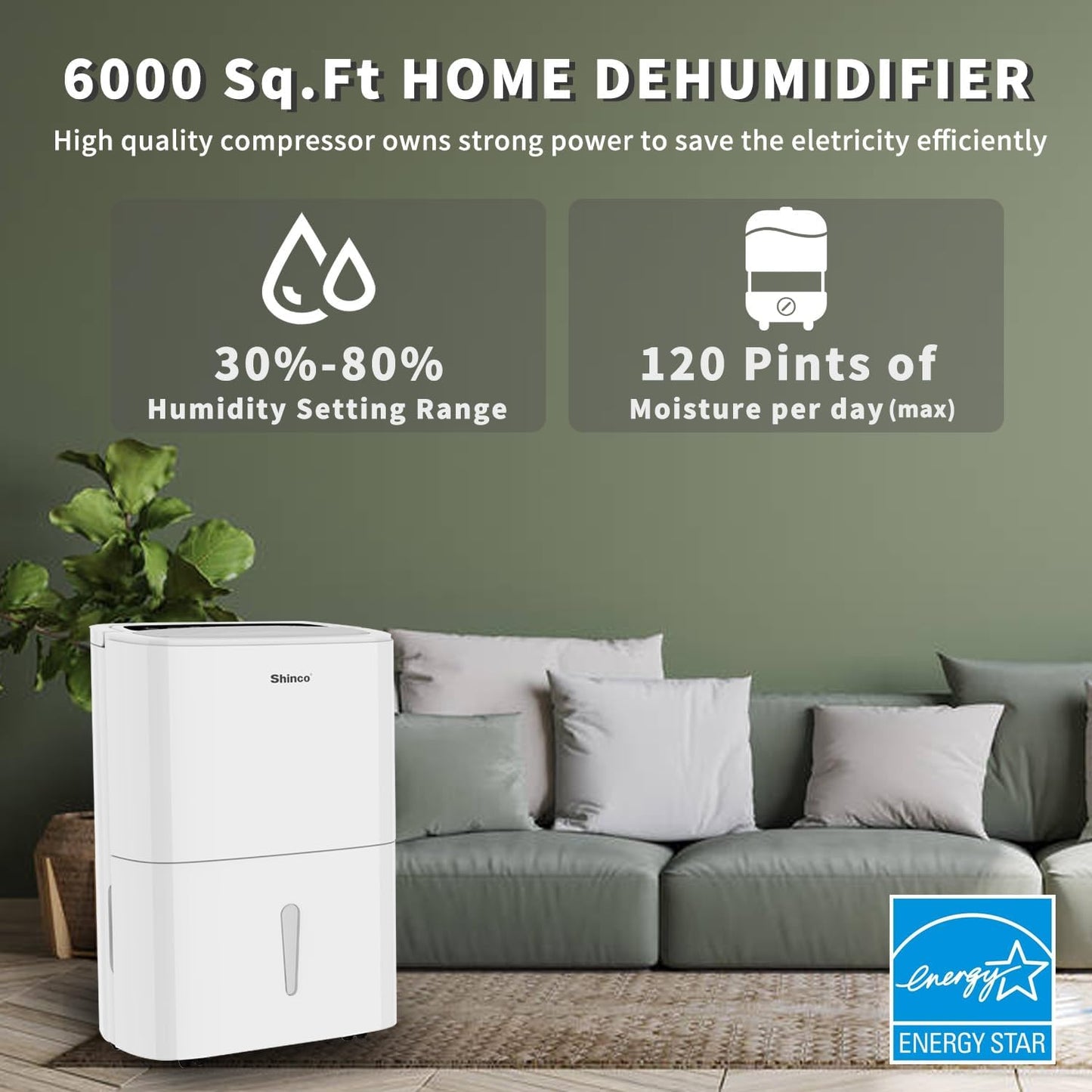 120 Pints Energy Star Dehumidifier with Drain Hose and WIFI for Large Spaces up to 6,000 Sq.Ft, Auto Defrost & Continuous Drainage - Ideal for Home Basements, Bathroom, and Bedroom