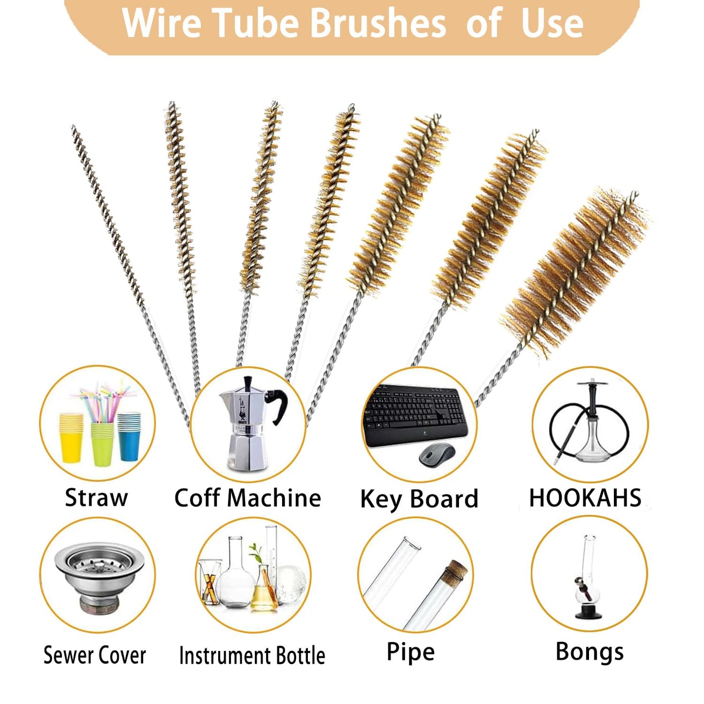 7pcs Brass Tube Brushes Bottle Brush Wire Tube Brushes,Long Wire Cleanling Brushes,Tube Cleaning Lab Brushes Straw Cleaner Brush Wire Bottle Brush Pipe Cleaner for Tubes,Bottle,Glass