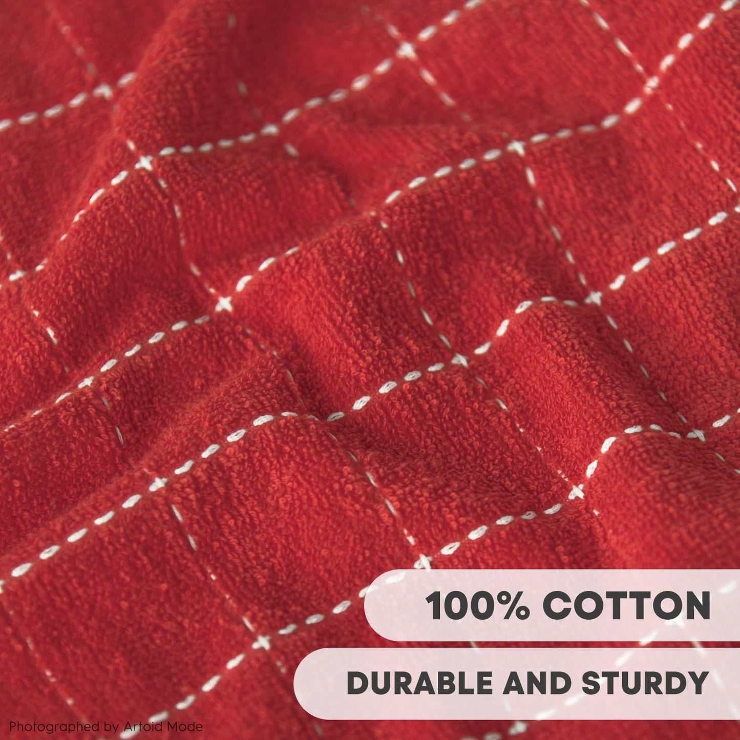 Artoid Mode Checkered Designed Cotton Beige Red Terry Kitchen Dish Towels, 15x25 Inch Soft Absorbent Quick Drying Cleaning Tea Towels Set of 4