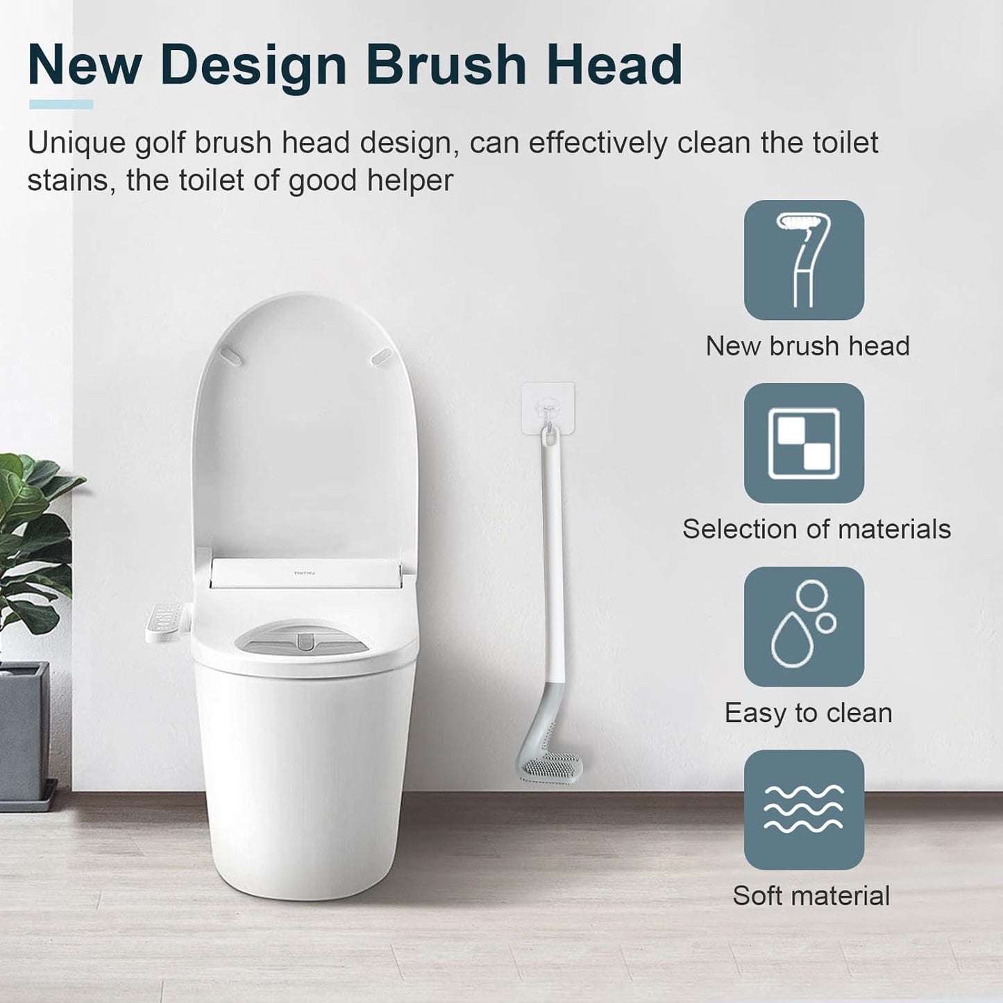 Golf Toilets Brushes, Toilet Cleaning Brush, Flexible Bendable Silicone Long Handled Toilet Brushes, 360°Deep Toilets Bowl Cleaning Brush,Quick Drying Scrubber for Bathroom with Hook (White)