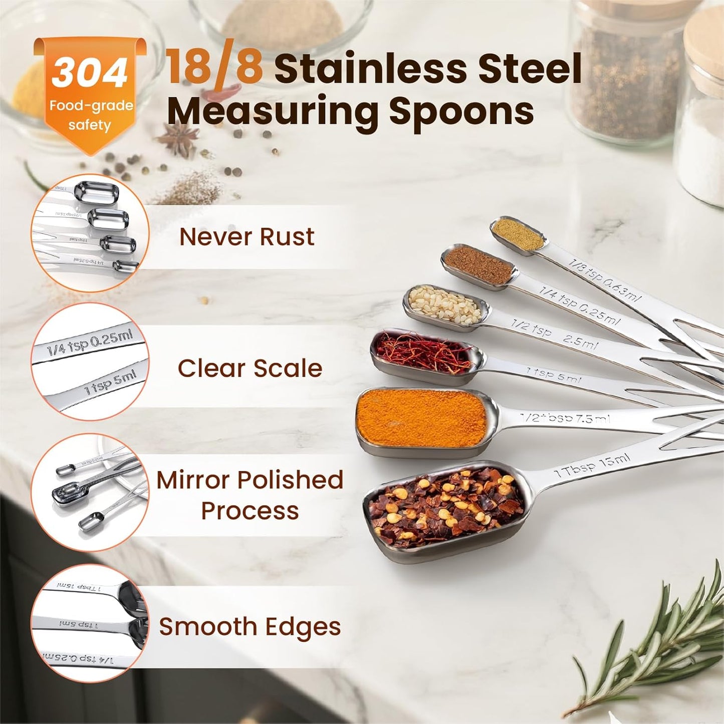 6PCS Narrow Measuring Spoons Set, Stainless Steel Measuring Spoon Fits in Spice Jars, Metal Teaspoon Measuring Spoons, Rectangular Tablespoon, Long Measuring Spoons for Dry & Liquid Ingredients
