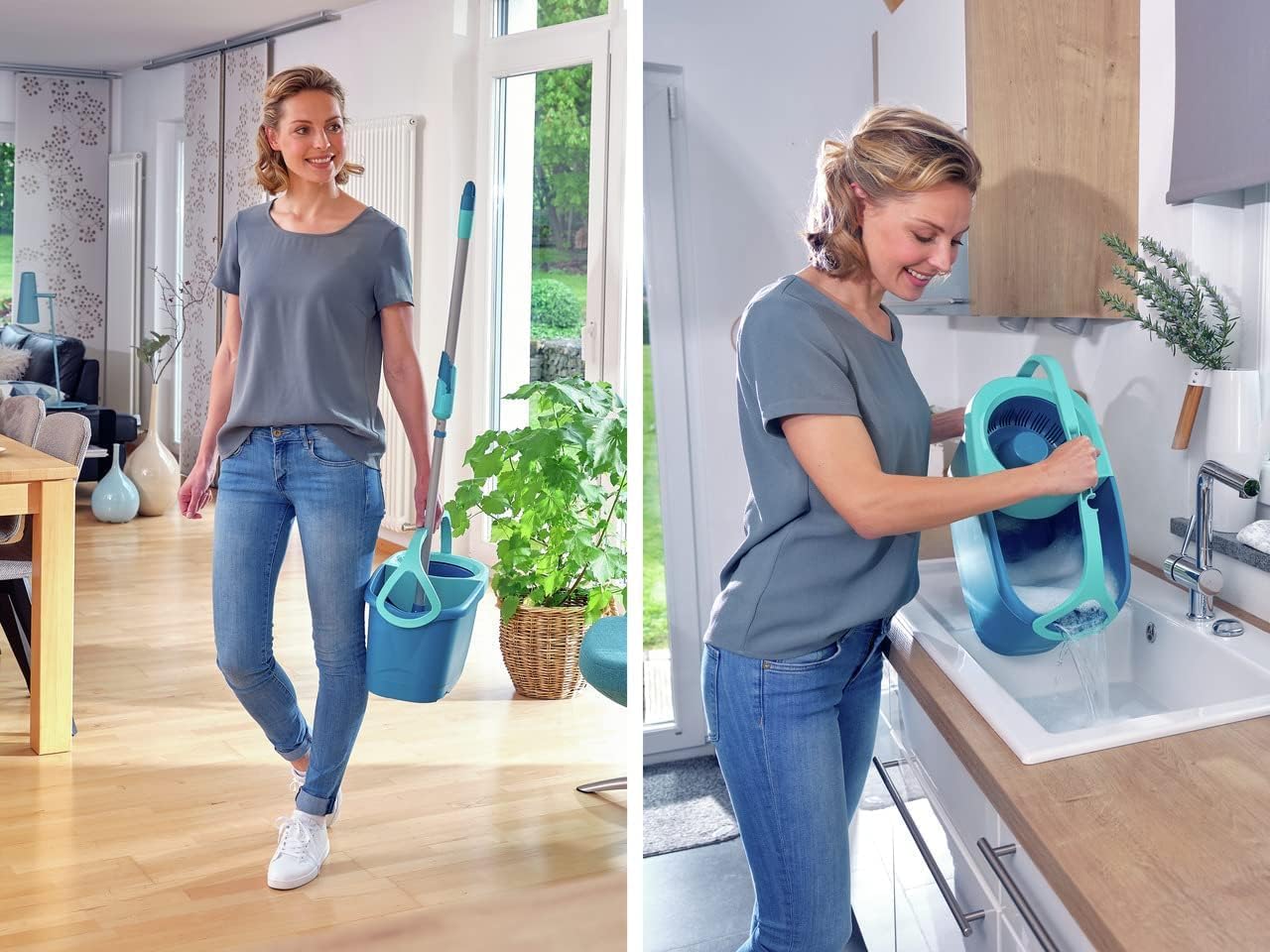 Leifheit Clean Twist Disc Mop Ergo Mop and Bucket, Floor Mop with Moisture-Controlled Spin Mop, Easy-Steer 360 Joint Microfibre Mop Head, 33cm Wide, Twist Mop