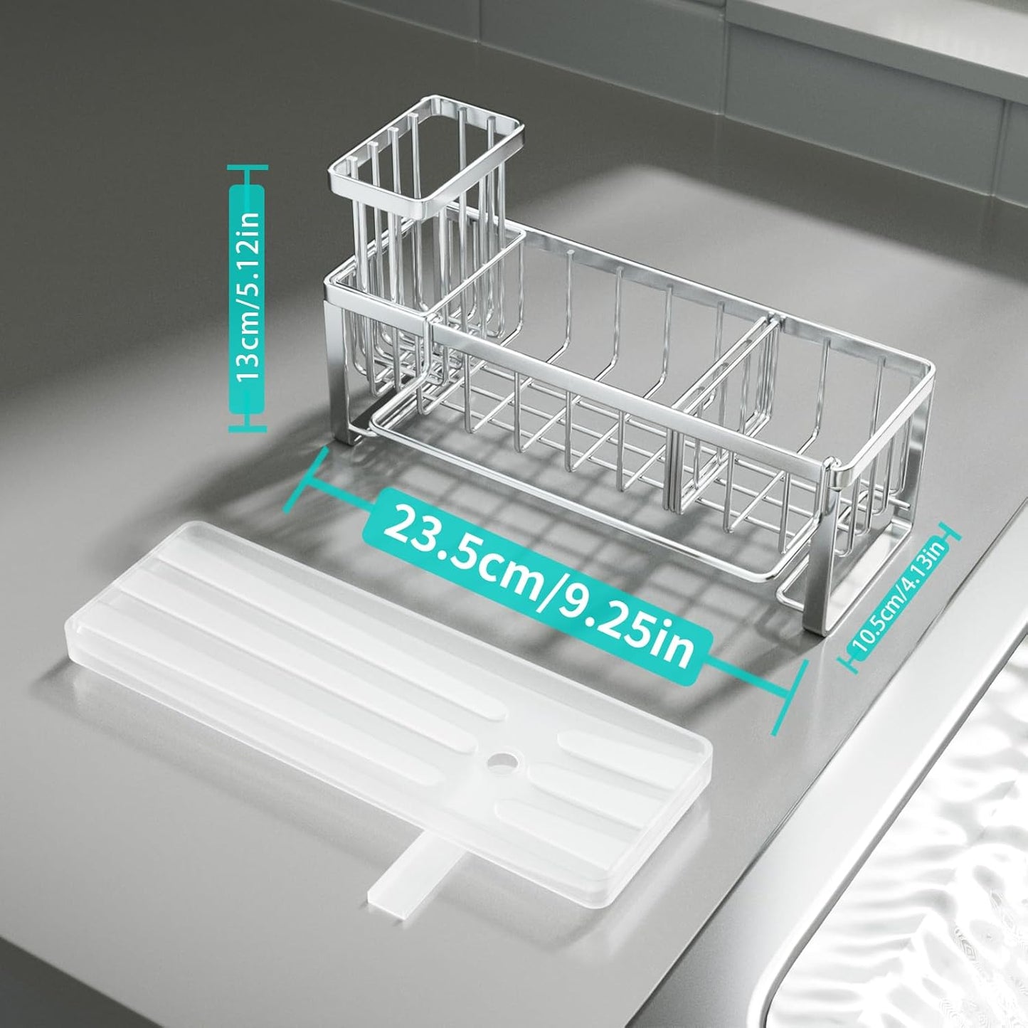 HapiRm Sponge Holder for Kitchen Sink - Self-draining Sink Caddy with Brush Holder and Dishcloth Holder, Stainless Steel Kitchen Organizer for Countertop - Brushed Nickel