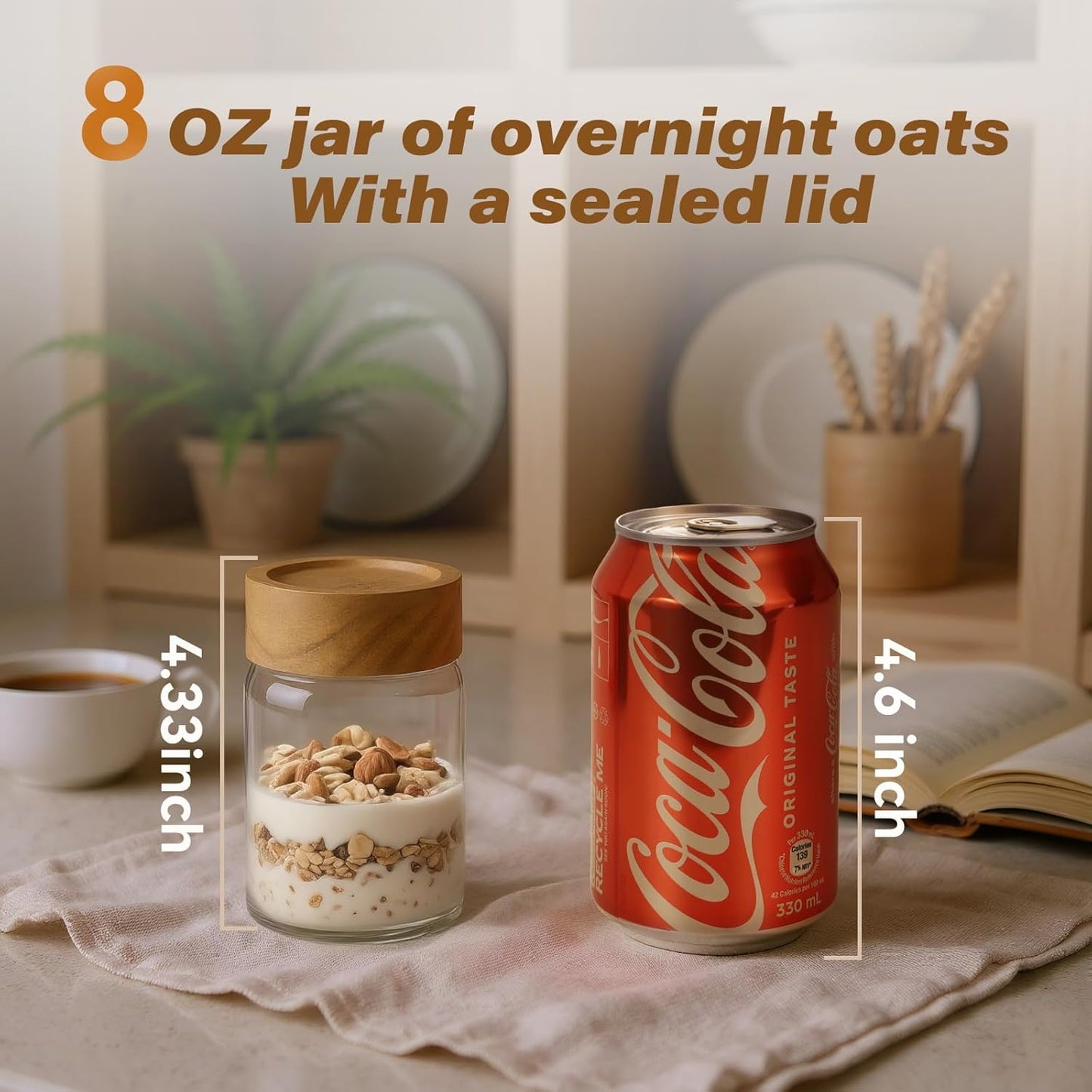 2pc Glass Mason Jars with Acacia Wood Airtight Lids - Overnight Oats & Food Storage Container Set, Clear Stackable Leakproof Kitchen Canisters for Meal Prep/Snack Organization/Spice Storage