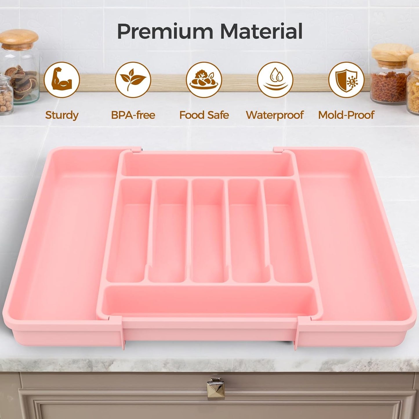 Extra Large Expandable Silverware Organizer, BPA-Free Food-Safe Cutlery Flatware Organizer, Kitchen Utensil Drawer Organizer, Adjustable Silverware Holder for Spoons Forks Knives, Pink