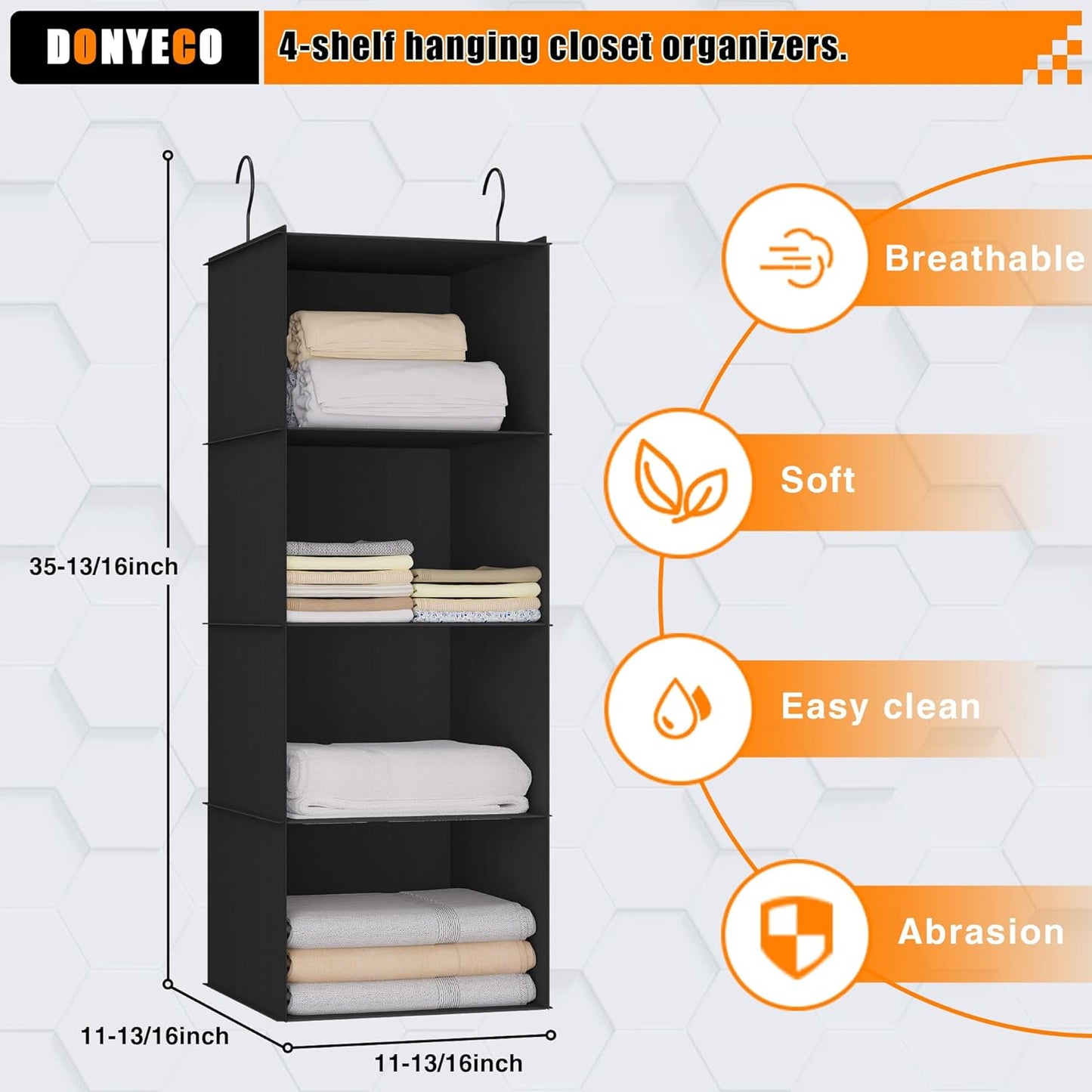 Hanging Closet Organizer, Easy Mount Foldable 4-Shelf Hanging Closet Wardrobe Storage Shelves, Clothes Handbag Shoes Accessories Storage, Washable Oxford Cloth Fabric, Black