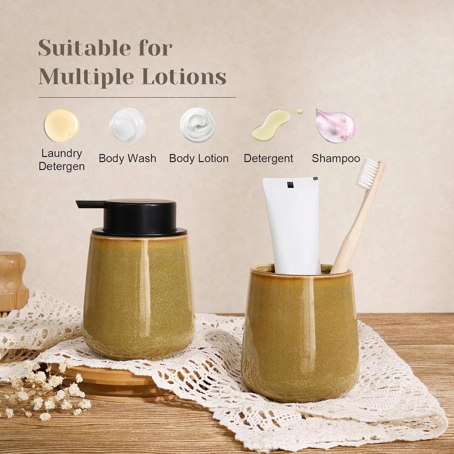 INGOFIN Ceramic Lotion Dispenser - 12 oz Refillable Hand Soap Dispenser Bathroom, Modern Liquid Soap Dispenser with Pump, Dish Dispenser for Kitchen,Kiln-Glazed Earthy Yellow