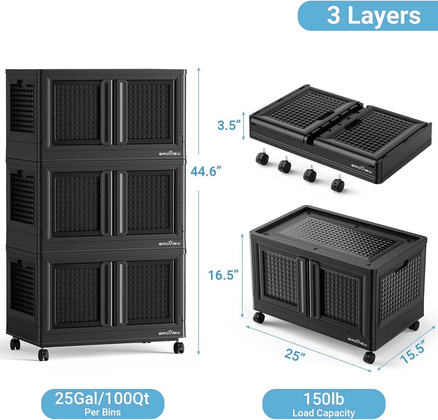BROVIEW 300Qt Stackable Storage Bins with Lids, 75Gal Closet Organizers and Storage Drawer, Plastic Collapsible Storage Bins with Doors, Heavy Duty Store Box Cabinet for Home Kitchen, 3Pack Black