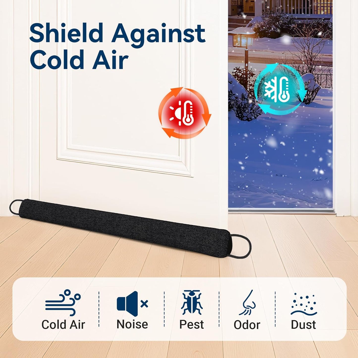 Door Draft Stopper for Bottom of Door, 36’’ Heavy Duty Under Door Draft Blocker Gap Filler, Door Seal for Noise Light Cold Air, with Adhesive Strips, Black