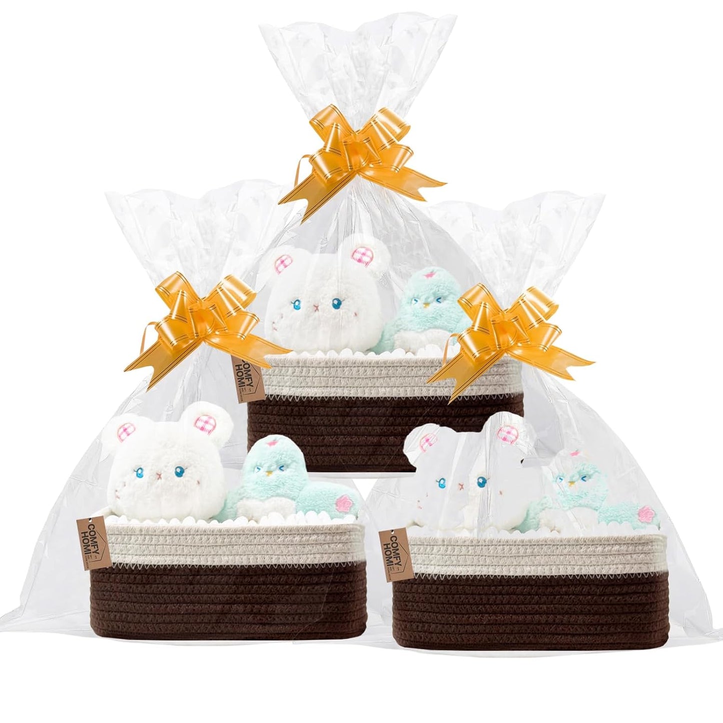 COMFY-HOMI 13" x 8.5" x 5.1"Storage Baskets for Organizing | Cotton Rope Woven Basket | Toy Storage Bin Box | Basket for Shelves, Closet Organizer Bin, Decorative Closet Shelf, 3 Pack,WHT/dark brown