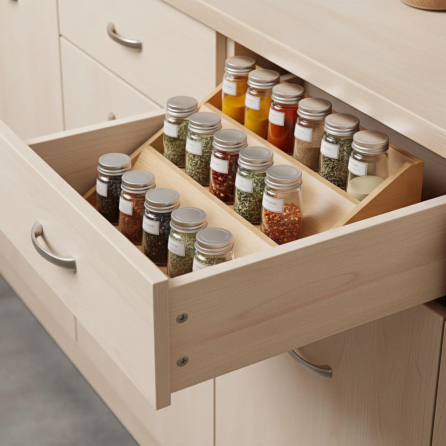 Bamboo Spice Rack Organizer for Kitchen Counter, 3 Tier Foldable Spice Shelf for Cabinet or Drawer (Jars Not Included)