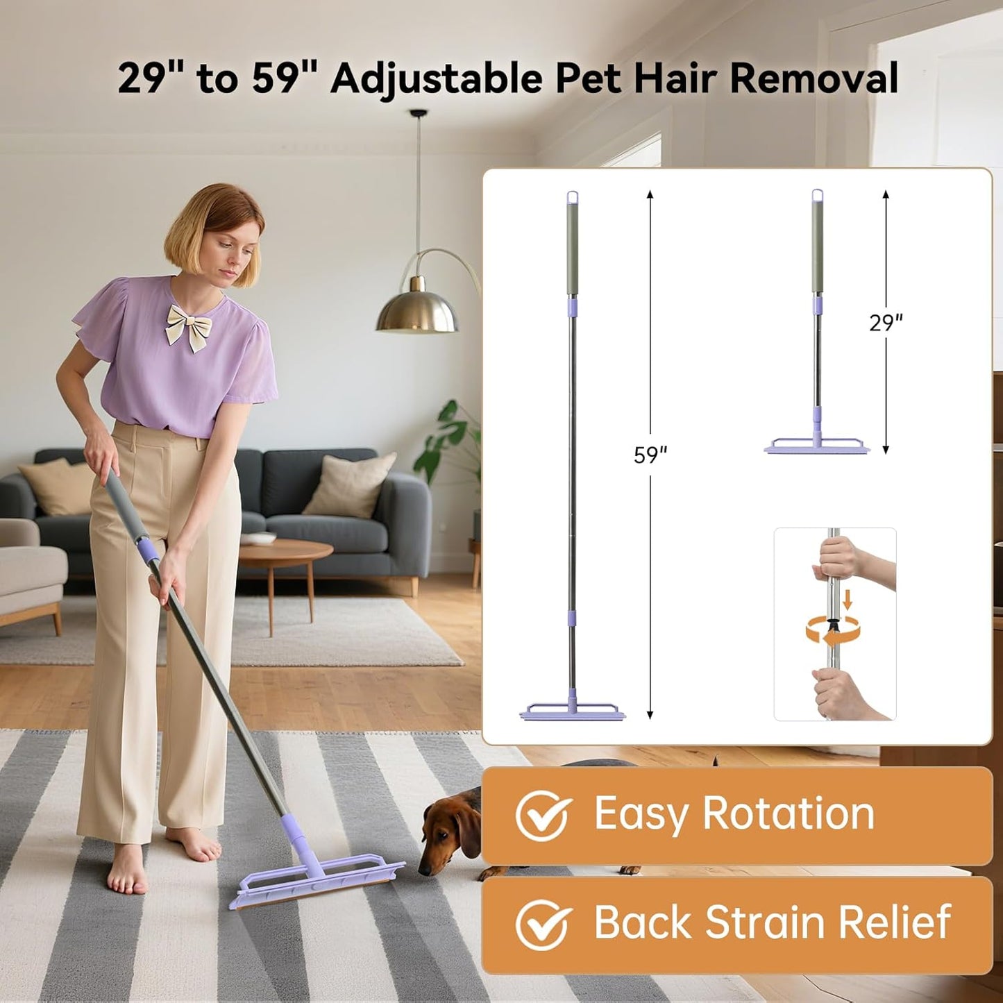 Carpet Rake for Pet Hair Removal, 59” Adjustable Long Handle Carpet Scraper for Cat Dog Hair Deep Cleaner, Reusable Pet Hair Removal Tool for Rugs, Mats, Couch, Sofas, Floor, Car Seats