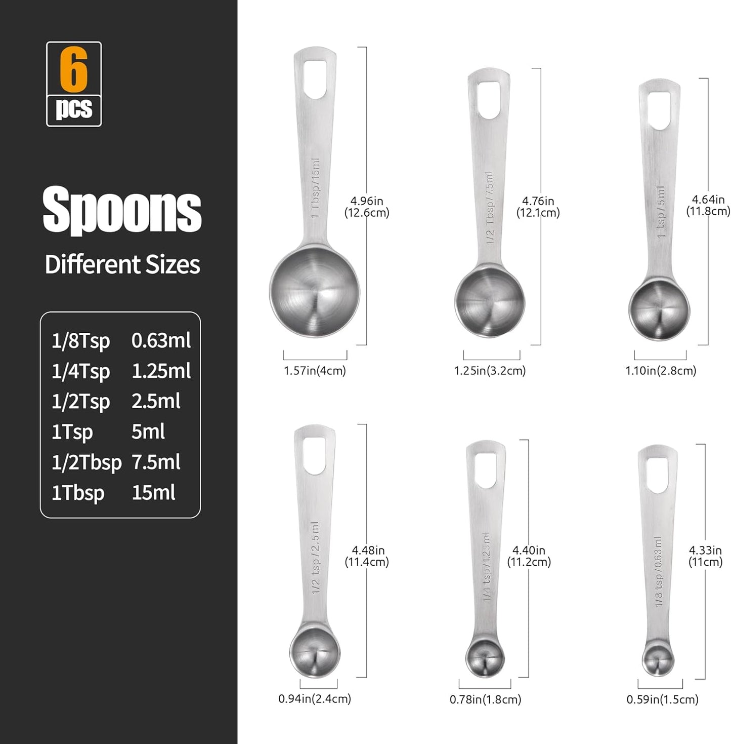 Doosu Measuring Spoons Set of 6-18/8 Stainless Steel Heavy Duty Teaspoons Tablespoons with Engraved Metric & US Measurements, Metal Measure Spoon for Dry and Liquid Ingredients, Dishwasher Safe