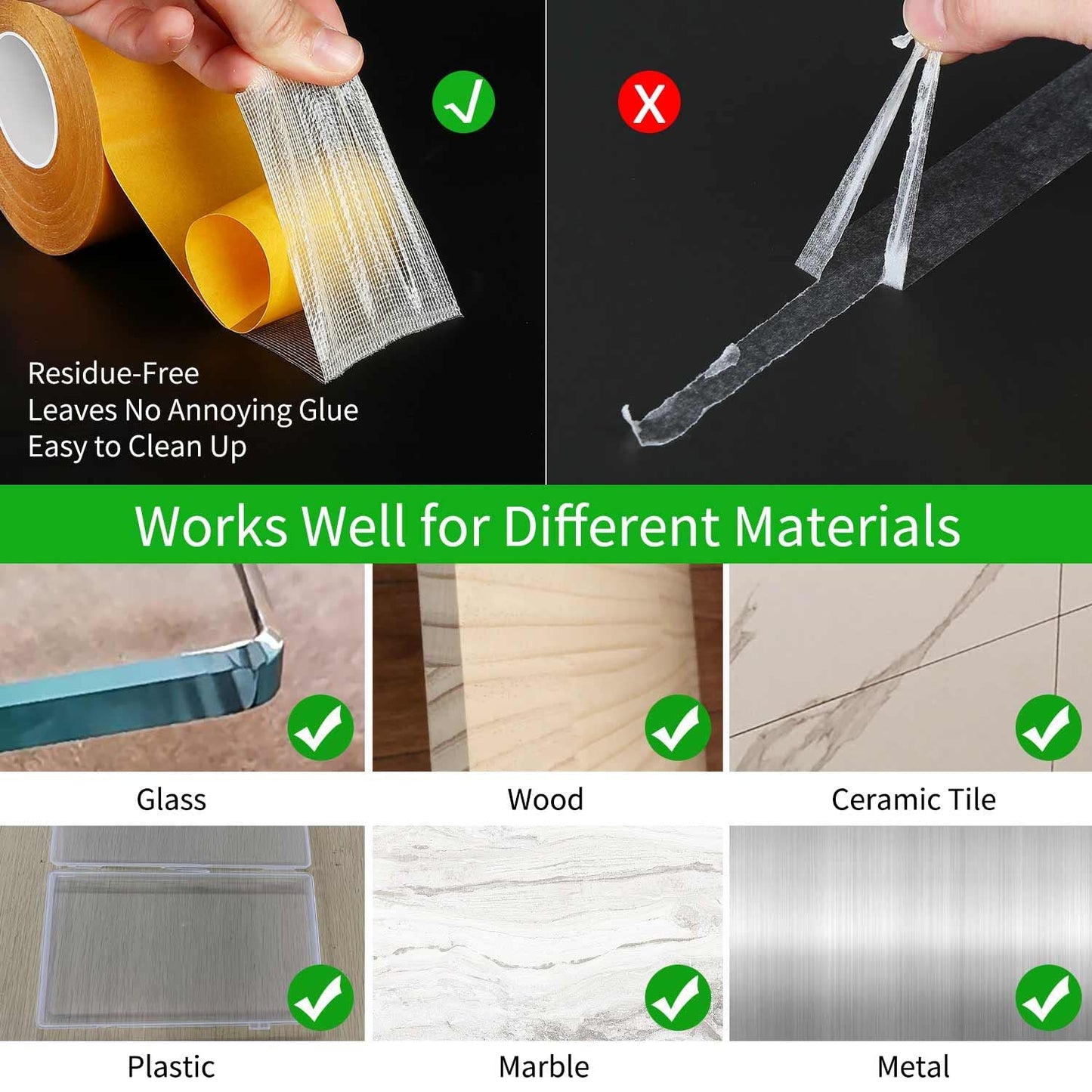 Double Sided Tape Heavy Duty, 1.18" x 66FT, Universal High Tack Strong Wall Adhesive with Fiberglass Mesh, Super Sticky Resistente Clear Tape, Easy Use Mounting Tape Office Decor