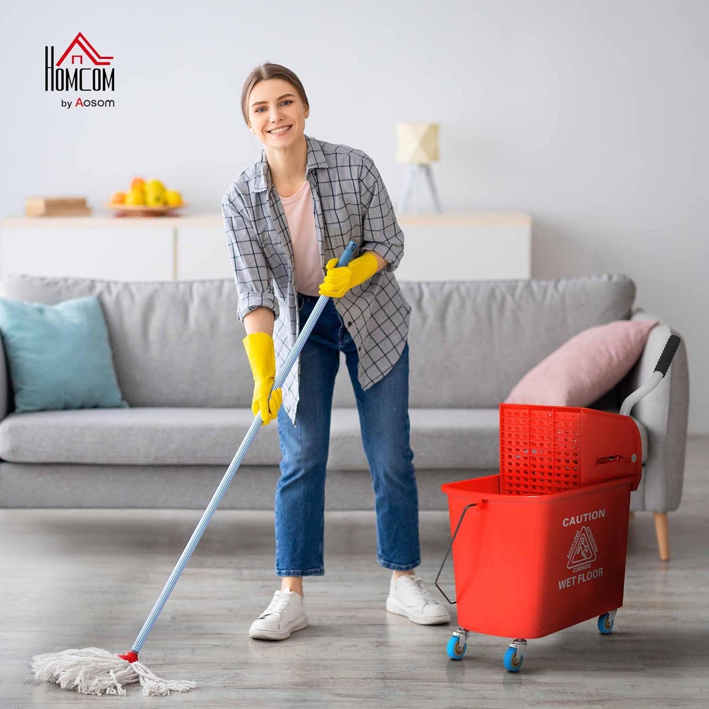 HOMCOM Compact Mop Bucket with Wringer on Wheels for Floor Cleaning, 21 Quart, Separate Dirty and Clean Water, for Home, Apartment, Red