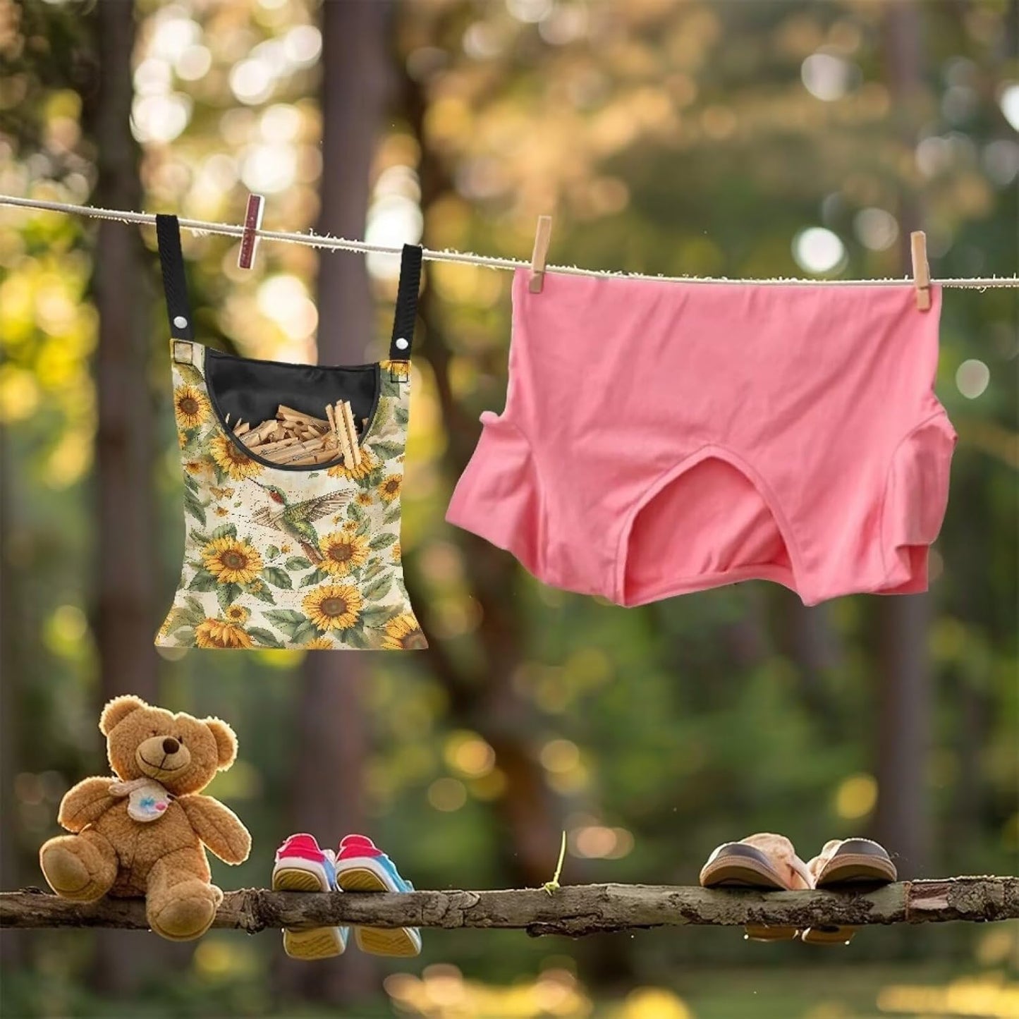 Hummingbird Laundry Clothespin Bag Clothespin Storage Hanger Bag with a Large Opening, Hanging Storage Organizer with Hanging Rope for Home Outdoor, 14.5 x 12 Inch