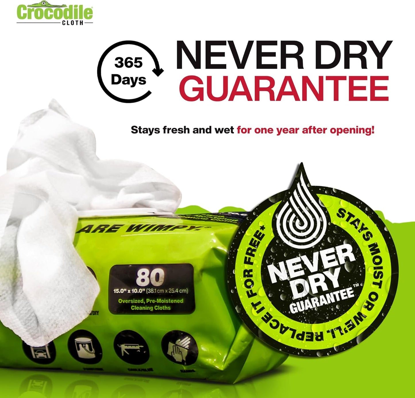 Crocodile Cloth PowerSCRUB Cleaning Wipes – 80 (15" x 10") Dual-Surface Cloths, Heavy-Duty, Moist, Absorbent, & Disposable - Safe on Skin & Multiple Surfaces