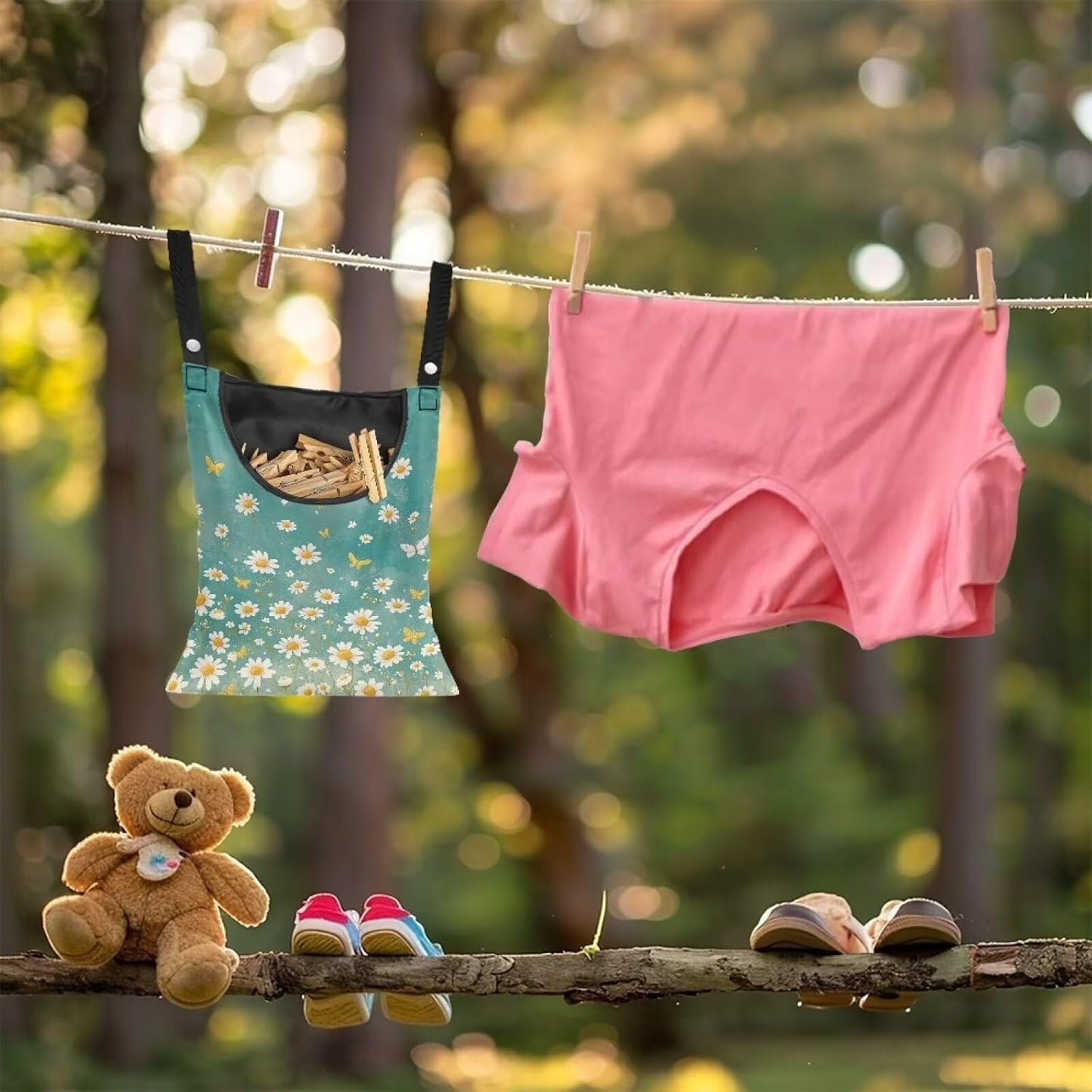 Clothespin Bag for Clothes Pin Holder for Outside and Clothes Line Pins, Clothes Pin Hanging Bag Fits Outdoor Laundry Clothesline - Daisy Pattern