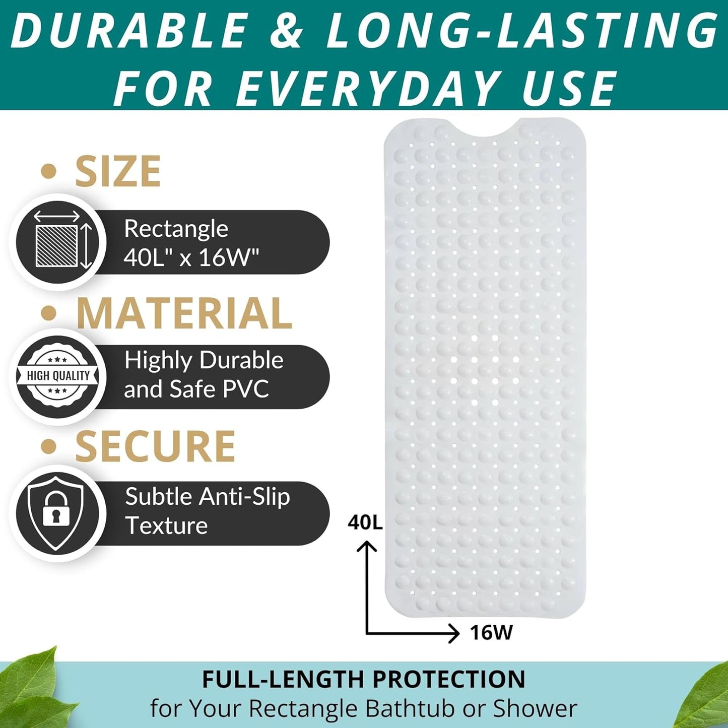 ENKOSI Bath Mat – 40 x 16 Inch Non-Slip Shower Mat for Bath Tub & Shower with Strong Suction Cups – Anti Slip Large Bathtub Mat with Drain Holes – for Smooth Floors Only (40x16 White)