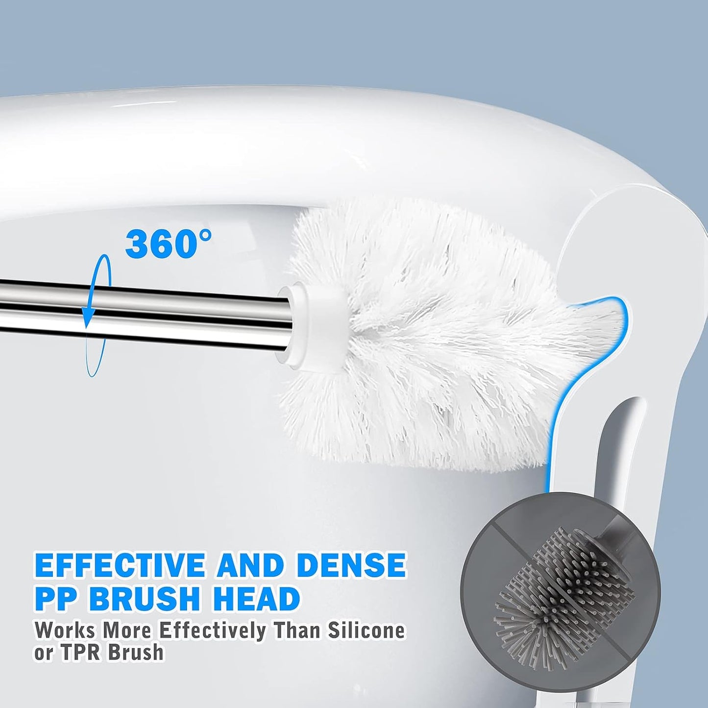 Toilet Brush and Holder, 2 Pack Toilet Brush with 304 Stainless Steel Long Handle, Toilet Bowl Brush for Bathroom Toilet-Ergonomic, Elegant,Durable (White)