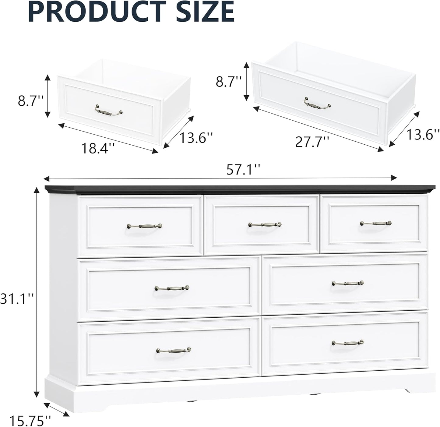 7 Drawer Dresser for Bedroom, 57" Wide Wooden Chest of Drawers, Rustic Farmhouse Dresser with Large Drawers & Metal Handles, Modern Storage Organizer for Closet, Living Room, Hallway, White
