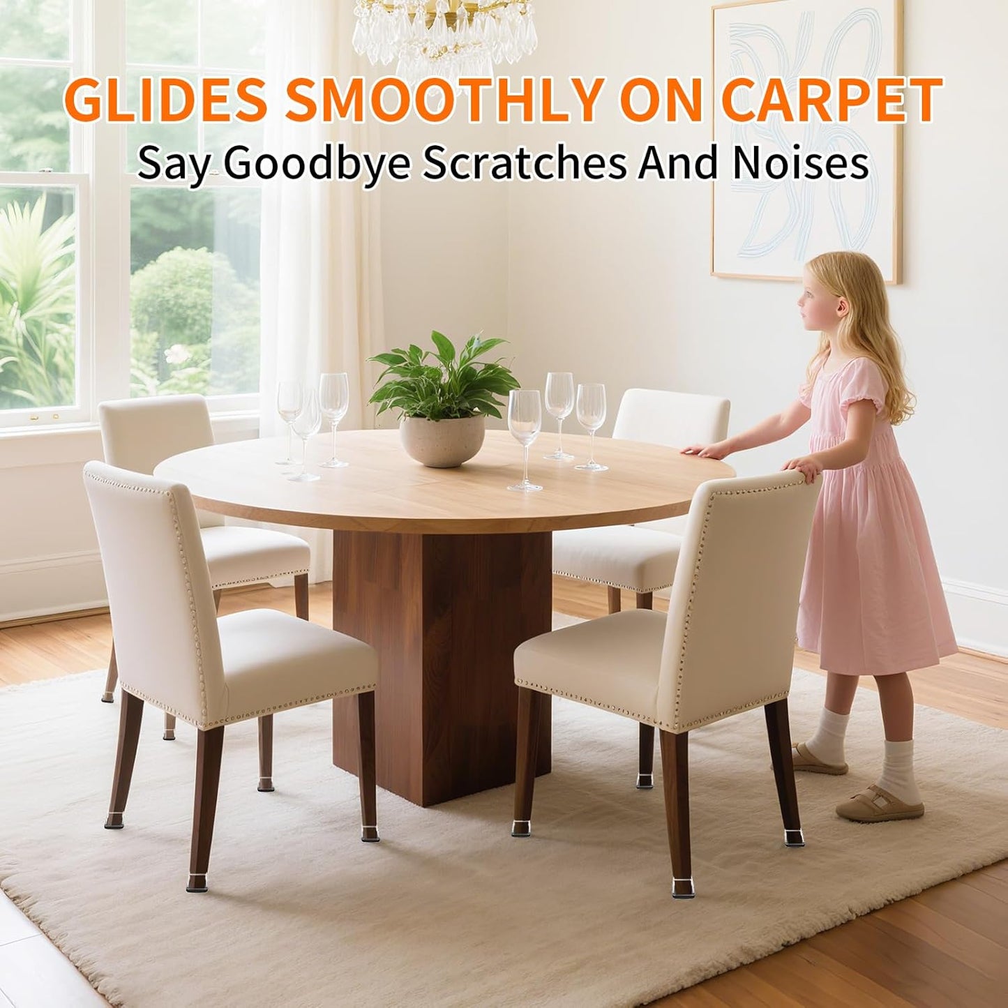 Ezprotekt 24 Pcs Clear Chair Leg Sliders for Carpet, Square Chair Glides for Rug, Teflon Furniture Pads Leg Protectors Caps - for Dining Table, Bar Stool, End Table Legs (L Fit:1" - 1.4")