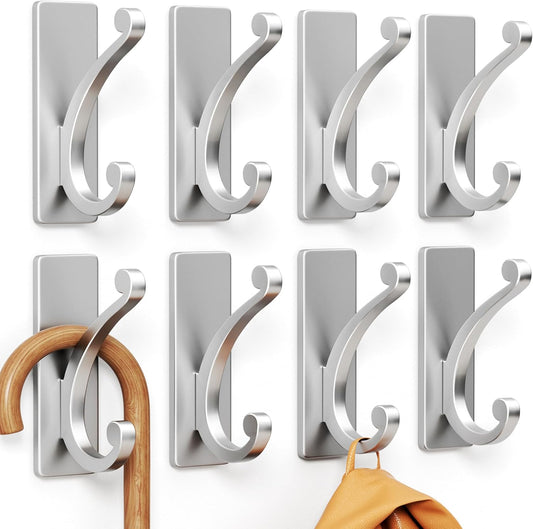 8-Pack Adhesive Wall Hook for Towel/Coat - Extra Sticky 10LB Stainless, Stick on Hanger for Bath or Shower, Matt Silver
