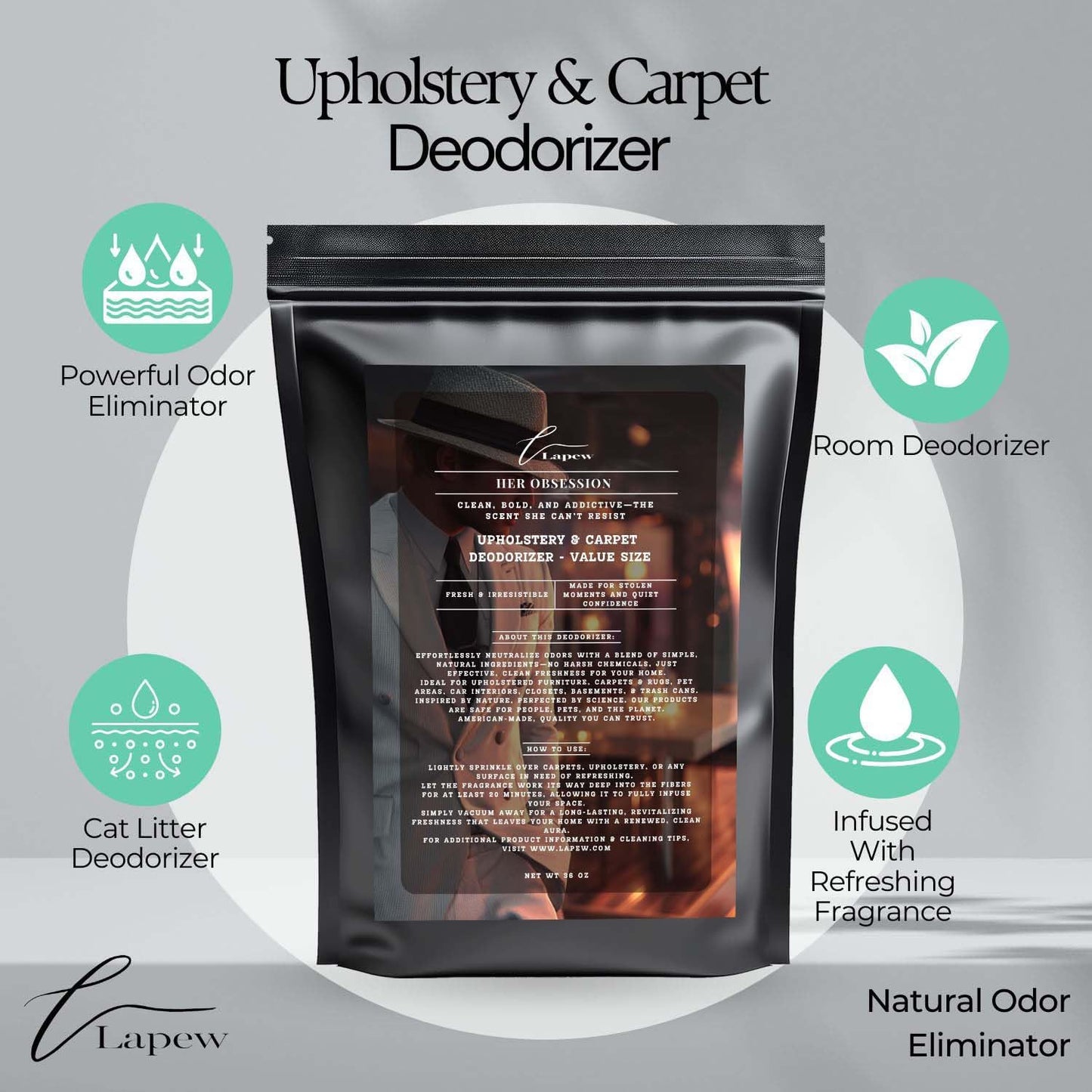 Her Obsession Carpet Freshener Powder Refill 36 oz | Powerful Odor Eliminator for Home | Upholstery Deodorizer | Carpet Deodorizer | Pet Urine | Cat Litter Box