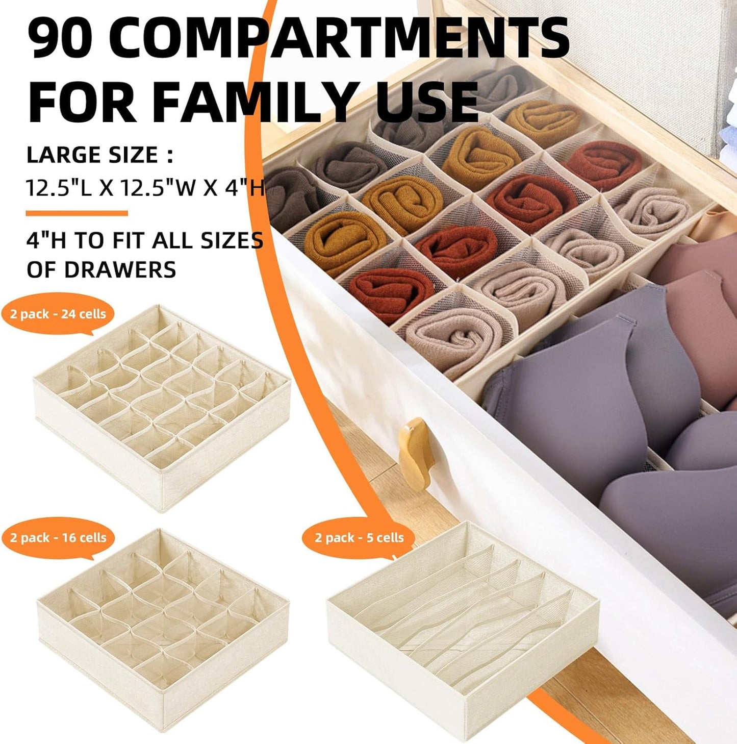 Criusia 6 Pcs Drawer Organizer Clothes - 90 Cells Closet Organizers and Storage for Baby Nursery - Washable Fabric Dresser Organizer Dividers for Sock Underwear Bra Dorm Room Essentials (Beige)