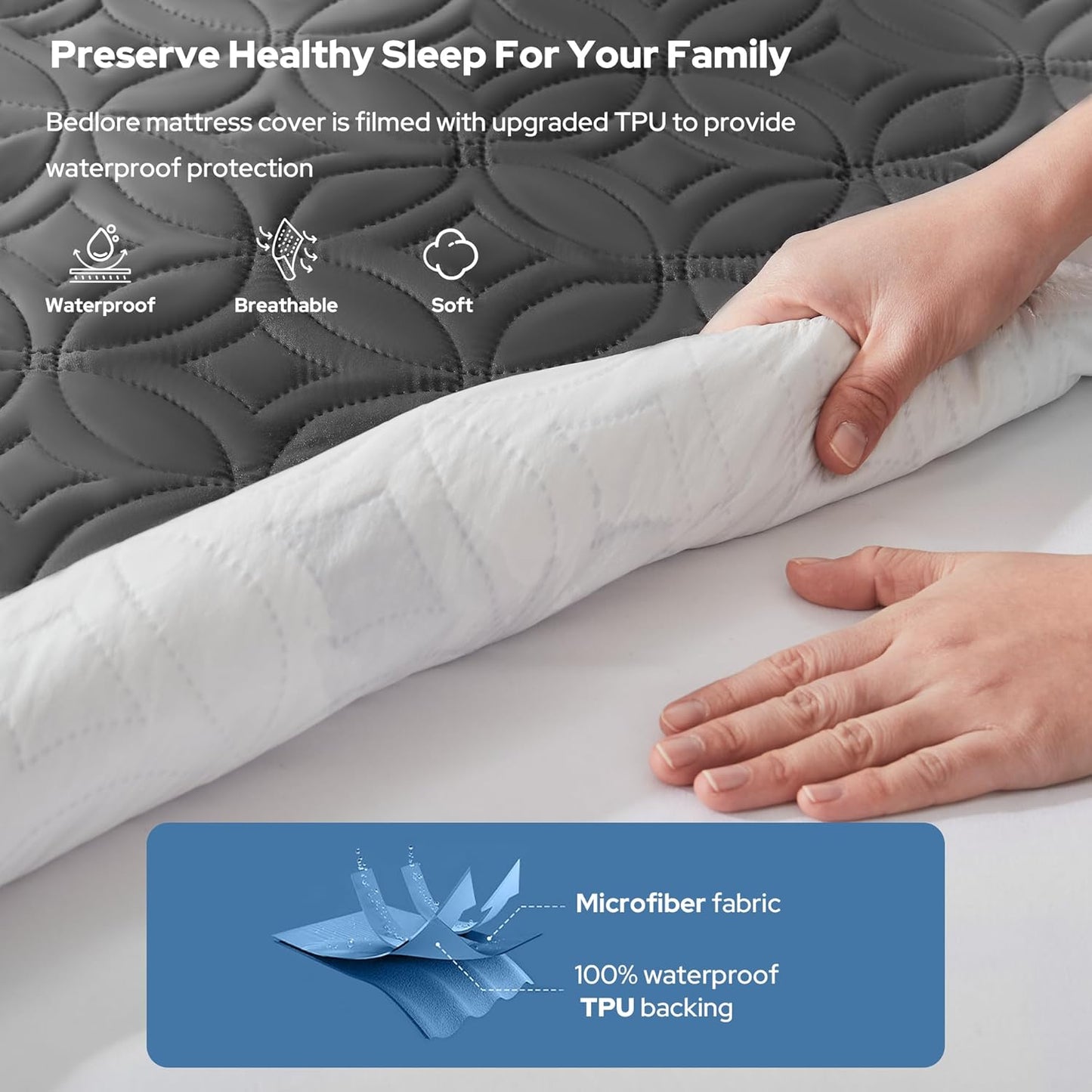 BEDLORE Waterproof Mattress Protector, Queen Size Mattress Pad Noiseless with Deep Pocket 6"-18" Depth, Soft Breathable Dirt-Proof Bed Mattress Cover Washable for Home, Bedroom, Hotel (Gray)