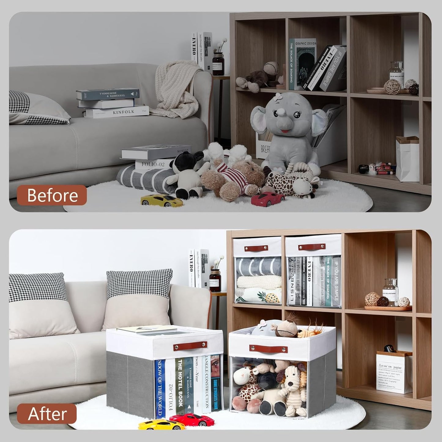 HNZIGE 11x11 Cube Storage Bins for Cube Organizer, Clear Fabric Storage Cubes for Storage Shelves, Collapsible Decorative Storage Bins for Clothes Closet Toys Cubby Storage Bin(White Gray 6 PCS