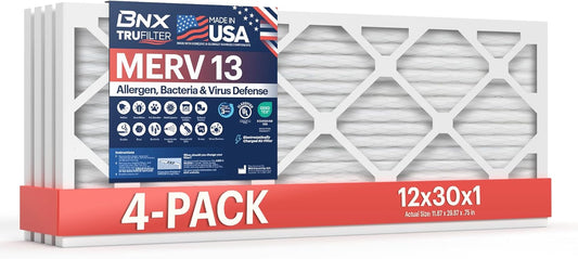 BNX TruFilter 12x30x1 Air Filter MERV 13 (4-Pack) - MADE IN USA - Electrostatic Pleated Air Conditioner HVAC AC Furnace Filters for Allergies, Pollen, Mold, Bacteria, Smoke, Allergen, MPR 1900 FPR 10