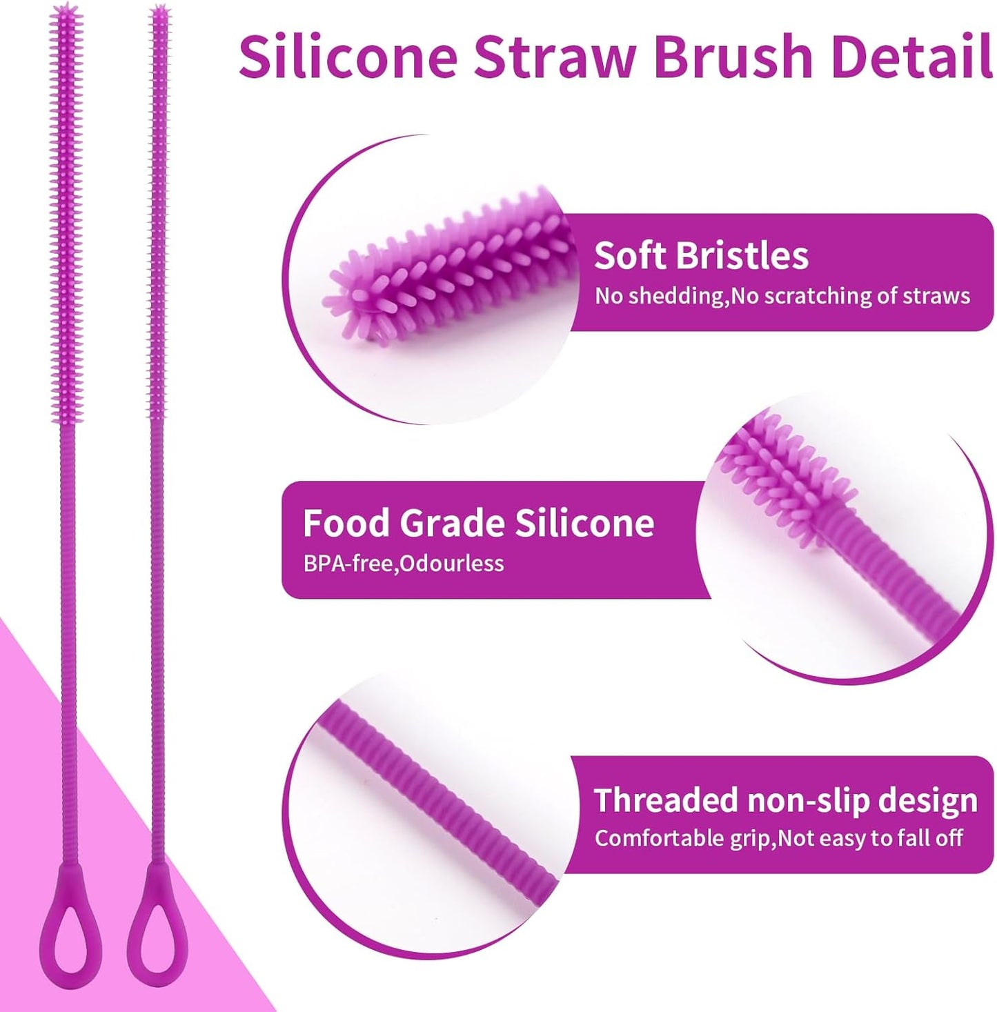 2Pcs Silicone Straw Cleaner Brush, 9.84in Reusable Straw Cleaner with Bendable Steel Core, Extra Long Soft Bottle Brush for Clearing Glass Straws, Smoothie Straws, 9mm&6mm (Purple)