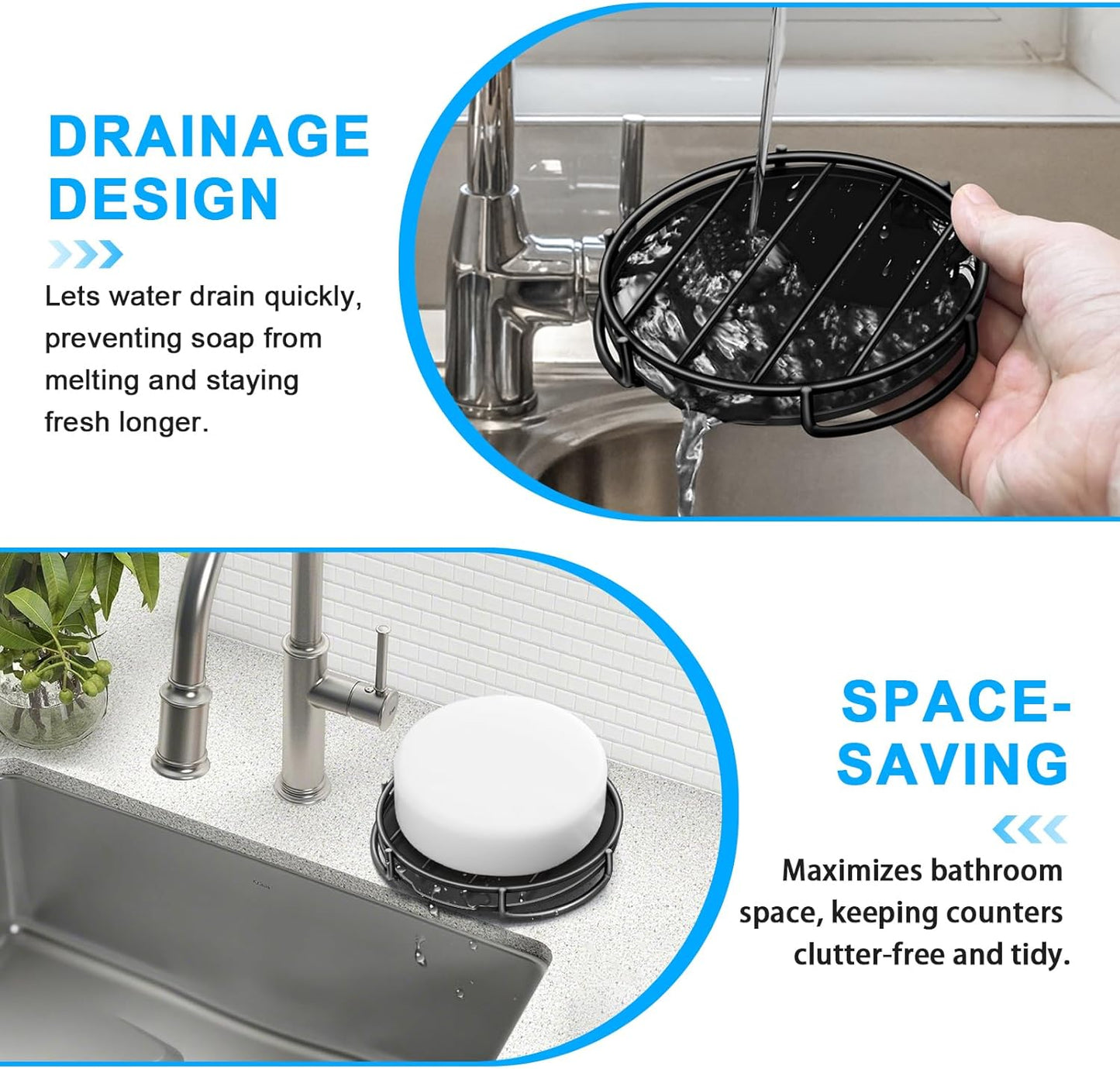 Stainless Steel Smiley Face Dish Sponge Holder, Black Sink Caddy for Kitchen Countertop, Soap Bar Dishes with Drainage, Self Draining Soap Dish Saver Shampoo Holder Tray Caddy for Scrubber