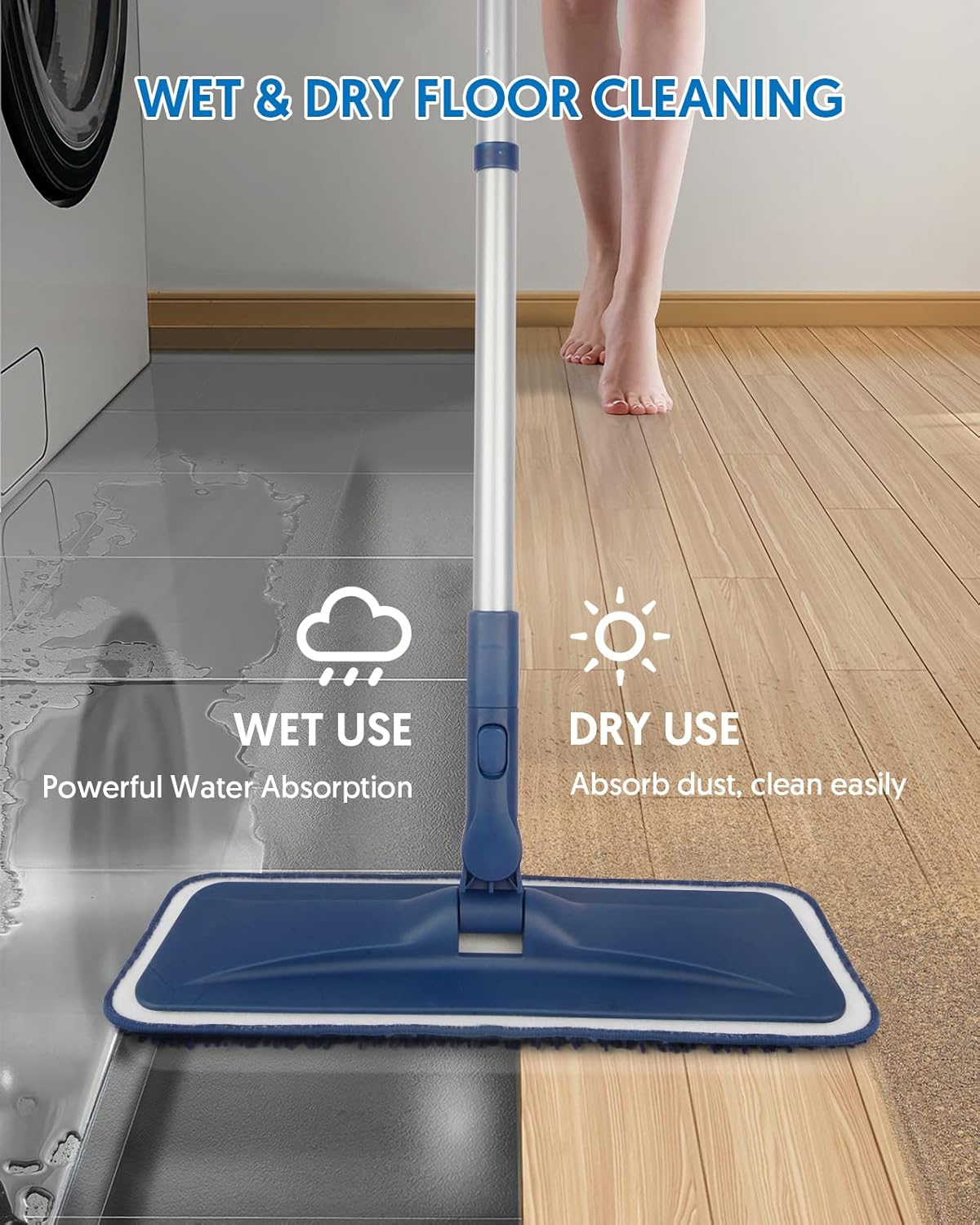 Microfiber Mops for Floor Cleaning - BPAWA Flat Floor Mop Wet Dry Use for Hardwood Floors Laminate Wood Tile Vinyl Wall Hard Surface, Bathroom Kitchen Dust Mop with 4 Reusable Washable Chenille Pads