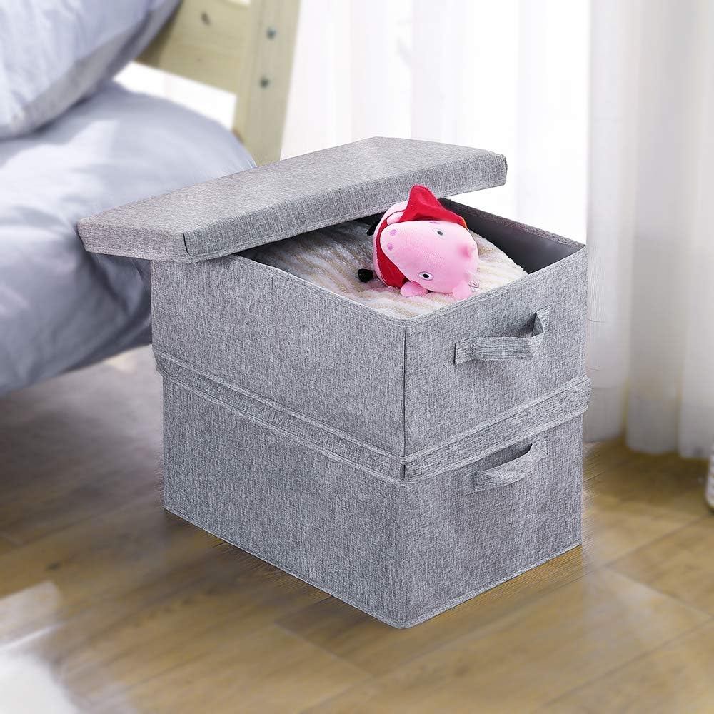 HOONEX Linen Foldable Storage Bins with Lids, 2 Pack, Storage Boxes with Carrying Handles and Sturdy Heavy Cardboard, 16.5" L x 11.8" W x 7.5" H for Shoes, Books, Clothes, Light Grey
