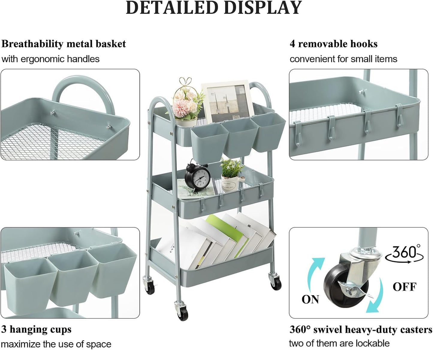 danpinera 3-Tier Rolling Cart, Metal Rolling Storage Cart with Lockable Wheels & Hanging Cups & Hooks, Mobile Trolley Cart for Kitchen, Bathroom, Office, Workshop, Gray Blue