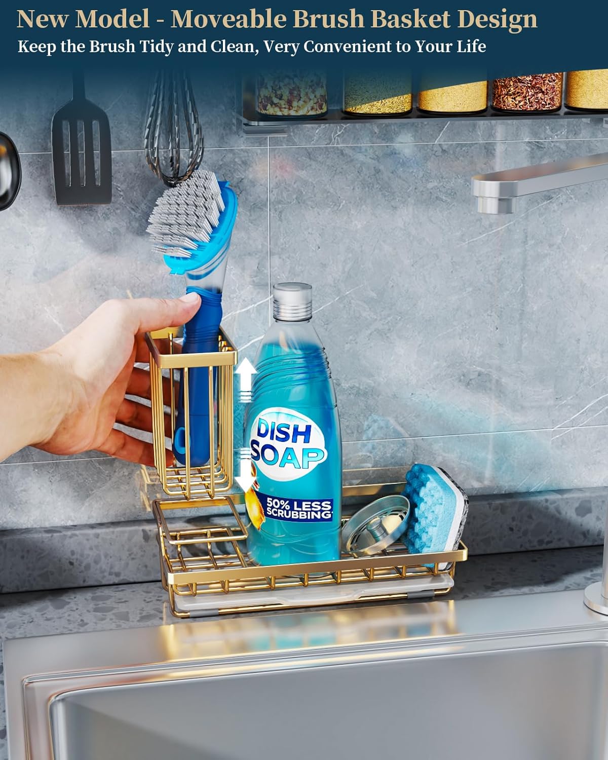 Consumest Sink Caddy, Kitchen Sponge Holder with Dish Brush Holder, Kitchen Sink Organizer with Drip Tray for Countertop, Stainless Steel Rustproof - Gold