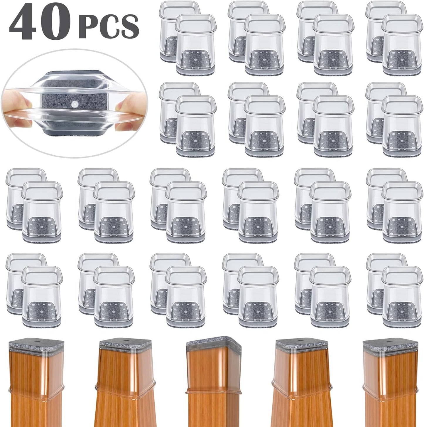 BUMACO Chair Leg Floor Protectors Square Chair Leg Protectors for Hardwood Floors Silicone Pads Covers to Protect Floors Clear-Square S Fit (3/4" to 1")