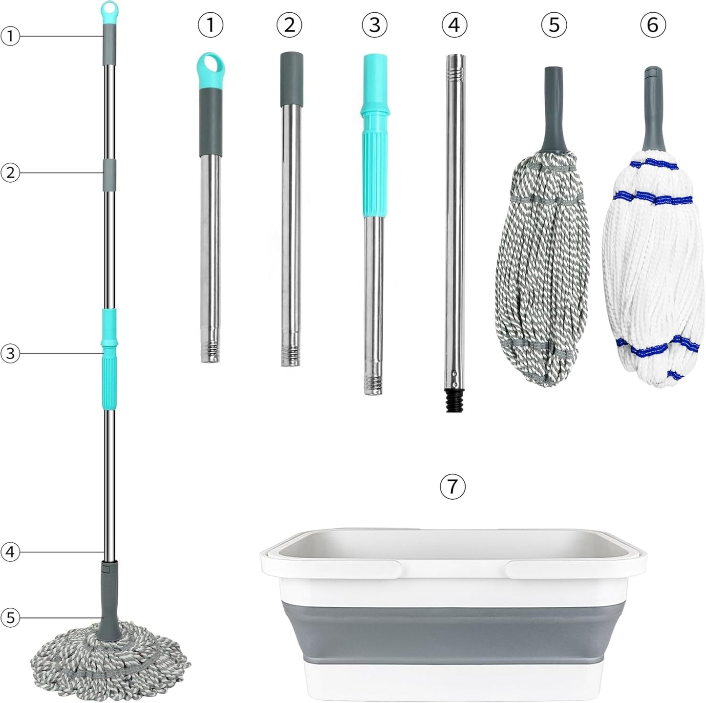 Self Wringing Mop with Bucket- Easy Squeeze Twist Mop with 52.5 Inch Long Handle, Heavy Duty for Hardwood, Tile, Vinyl & Laminate Floors (Gray+White)