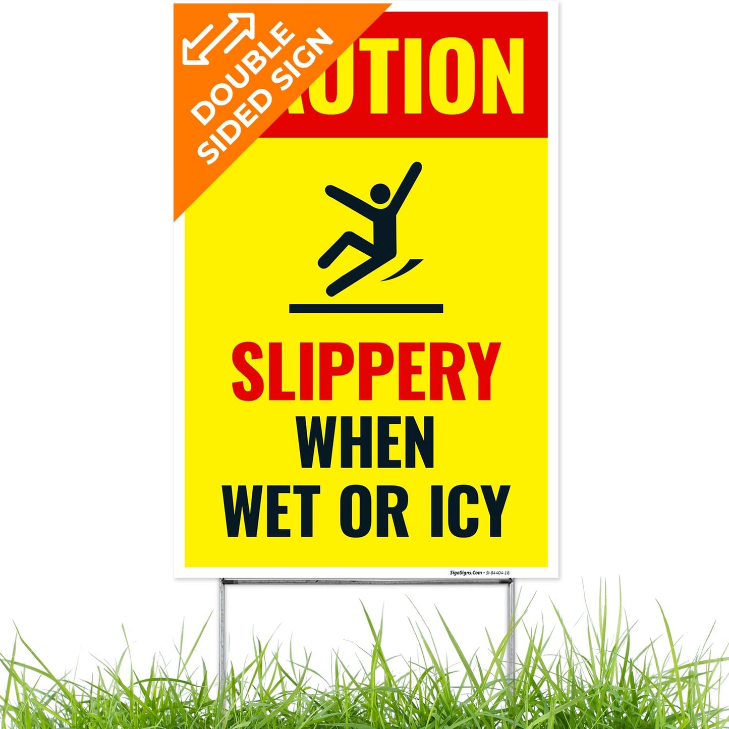 Caution Slippery When Wet or ICY Sign, (SI-84404) Double Sided 12x18 Inches, Corrugated Plastic with Metal H Stake, Made in USA by Sigo Signs