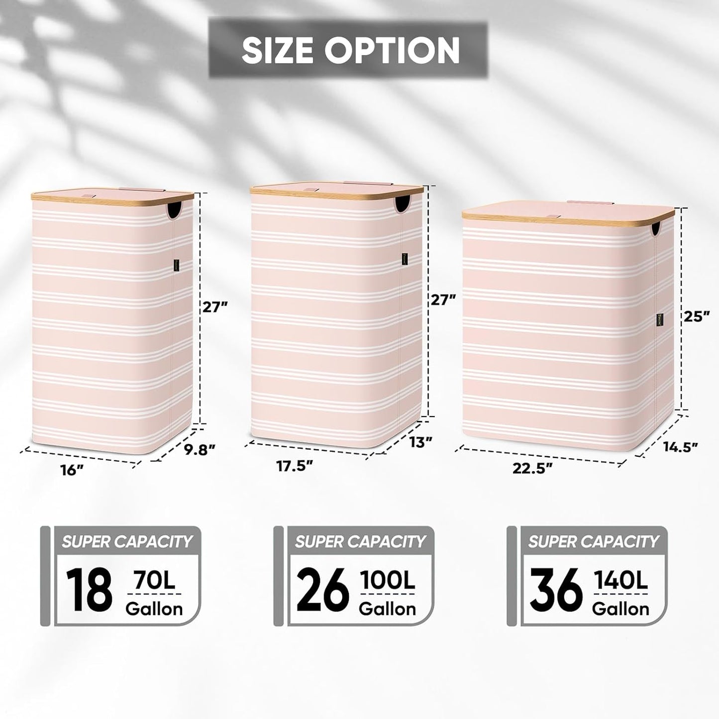 BALEINE Laundry Hamper with Lid, Tall Laundry Baskets with Bamboo Pull Handles, Large Laundry Bin with Internal Support (26 Gal/100L, Pink Pinstripe)