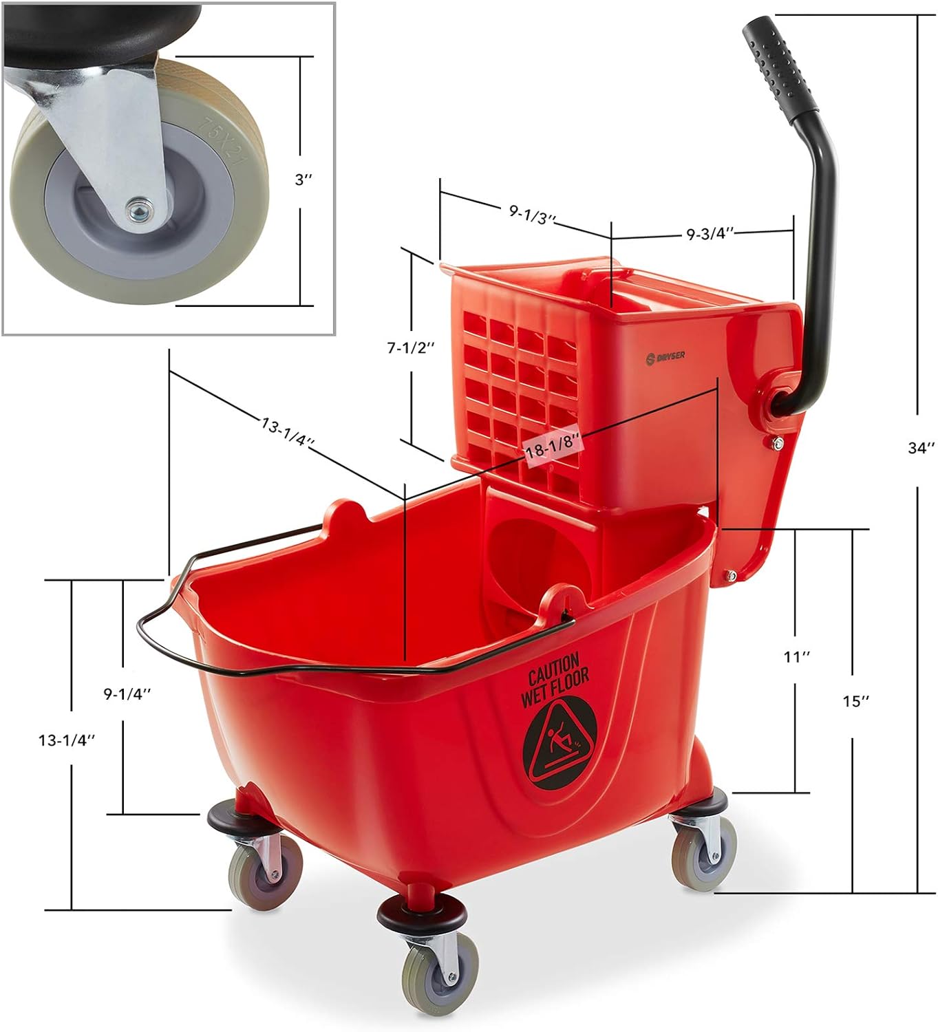 Dryser Commercial Mop Bucket with Side Press Wringer, 26 Quart, Red