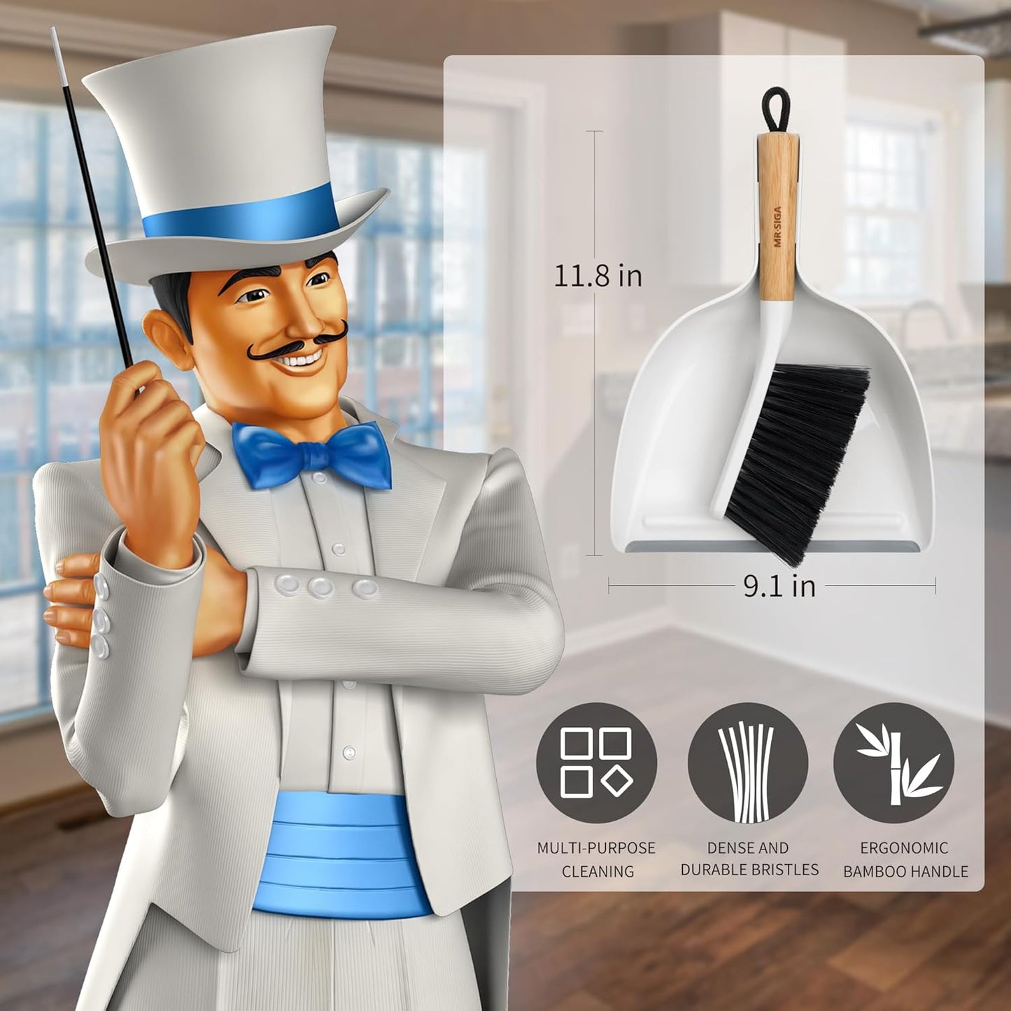 MR.SIGA Dustpan and Brush Set, Portable Cleaning Brush and Dustpan Combo with Bamboo Handle, White, 1 Set