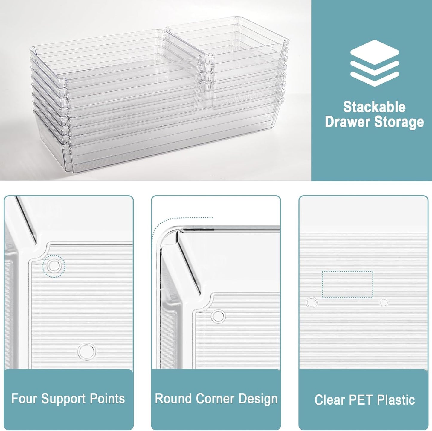 12 Pack Large Clear Plastic Drawer Organizer Trays, Desk Drawer Organizers and Storage Dividers, Non-Slip Storage Bins for Jewelry, Snacks, Office, Bathroom, Bedroom and Kitchen