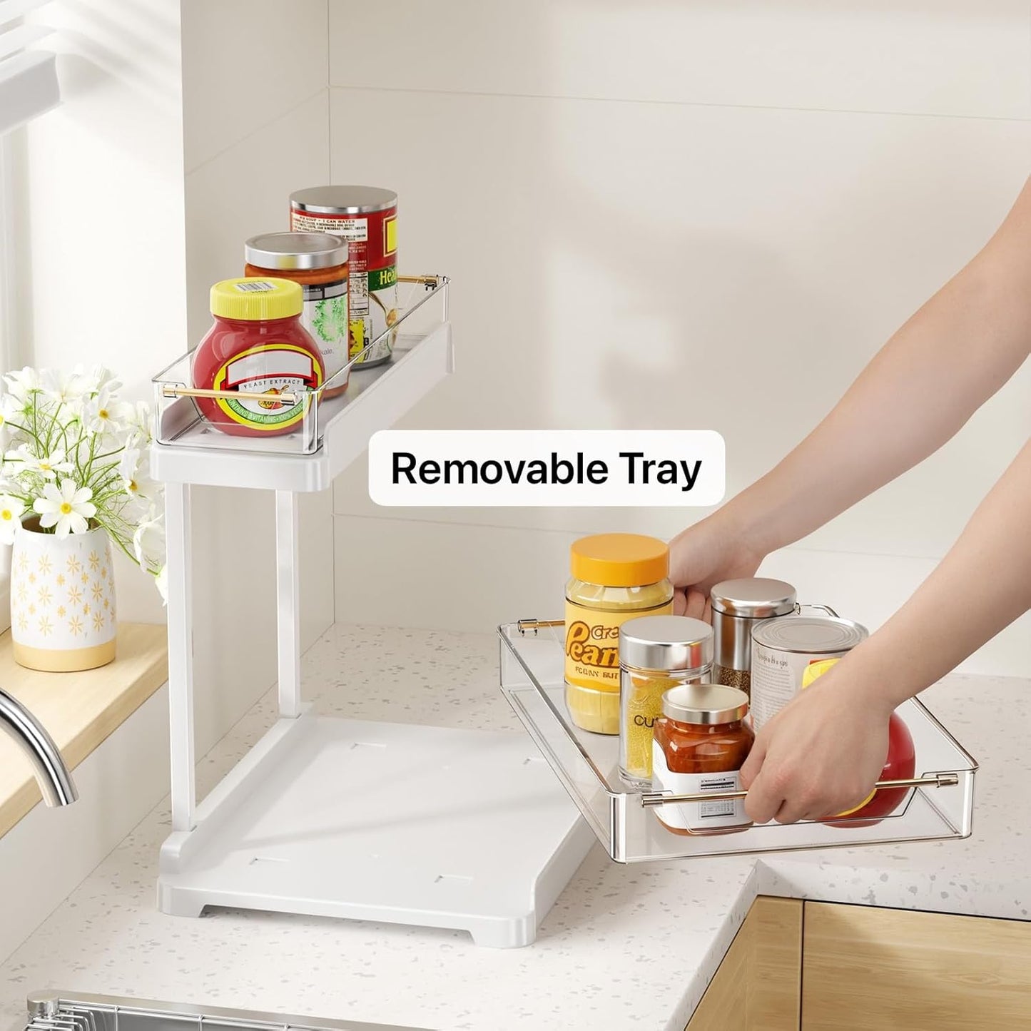 heart & home 1-Pack Under Sink Storage Organizer for Kitchen & Bathroom Cabinets with Removable Washable Tray, Tool-Free Assembly – Multi-Purpose for Kitchen Countertop, Vanity, & Laundry Room，White