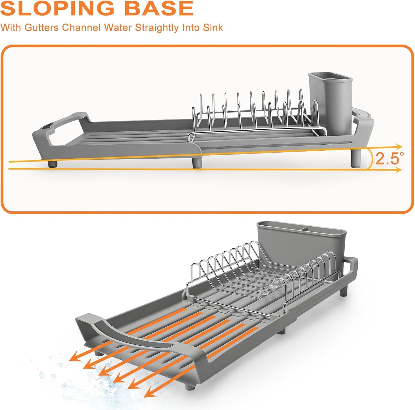 Dish Drying Rack Compact Expandable - A Space-Saving, Stainless Steel, Rust-Resistant Dish Drainer for Kitchen and Apartment Countertops/Sink Cabinets, Extendable from 11.42 to 19.9 inches (Gray)