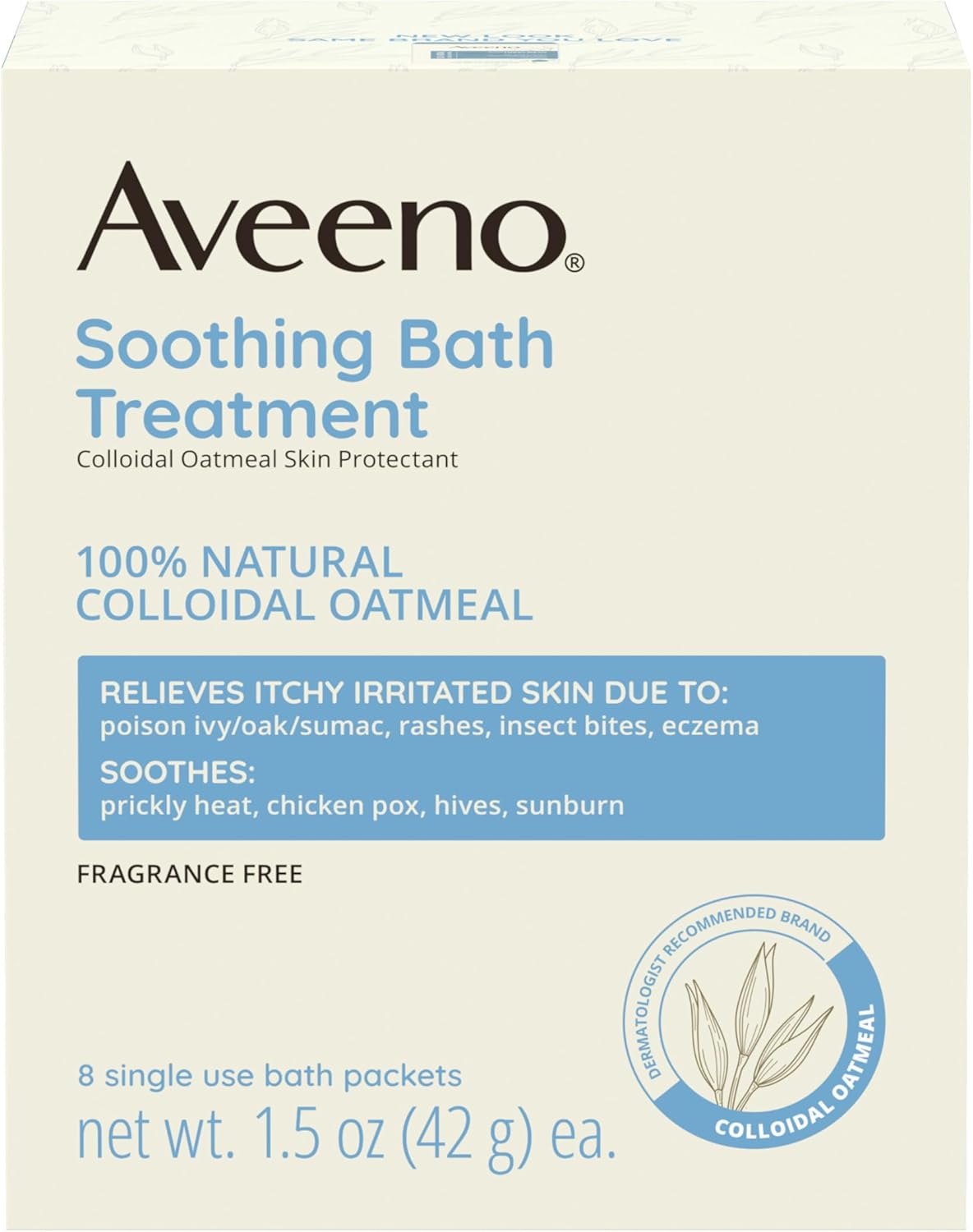 Aveeno Fragrance-Free Soothing Bath Treatment & Soak for Soothing Relief, 100% Natural Colloidal Oatmeal, Relieves Itchy, Irritated Skin Due to Eczema, 8 Single-Use Bath Packets