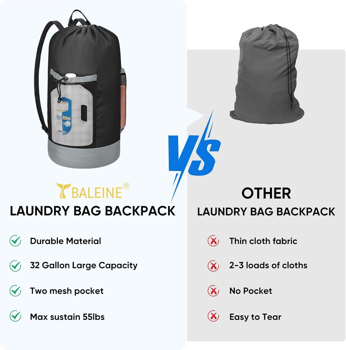 BALEINE 120L Laundry Bag Backpack, 900D Oxford Fabric Large Travel Laundry Bags with Shoulder Straps and 2 Mesh Pockets for College Dorm, Apartment, Laundromat (Black, 120L)