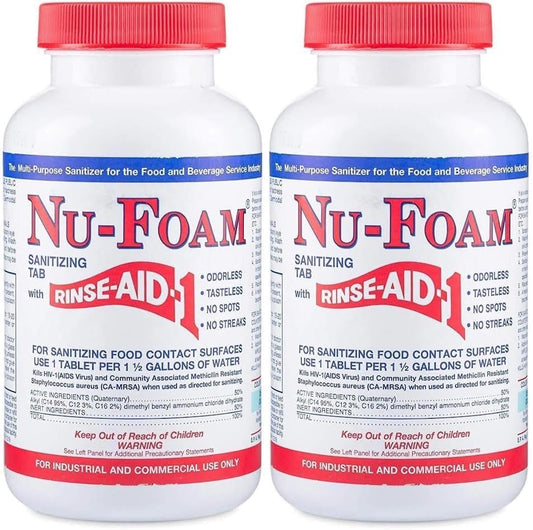 Nu-Foam Sanitizing Tablets for Bar Glassware – Superior Rinse Aid - Hand Washing Bar, Tavern, Brewery Supplies - Spotless Serving Glasses -2 Pack 200 Tablets - Makes 1,200 Quarts Sanitizing Solution